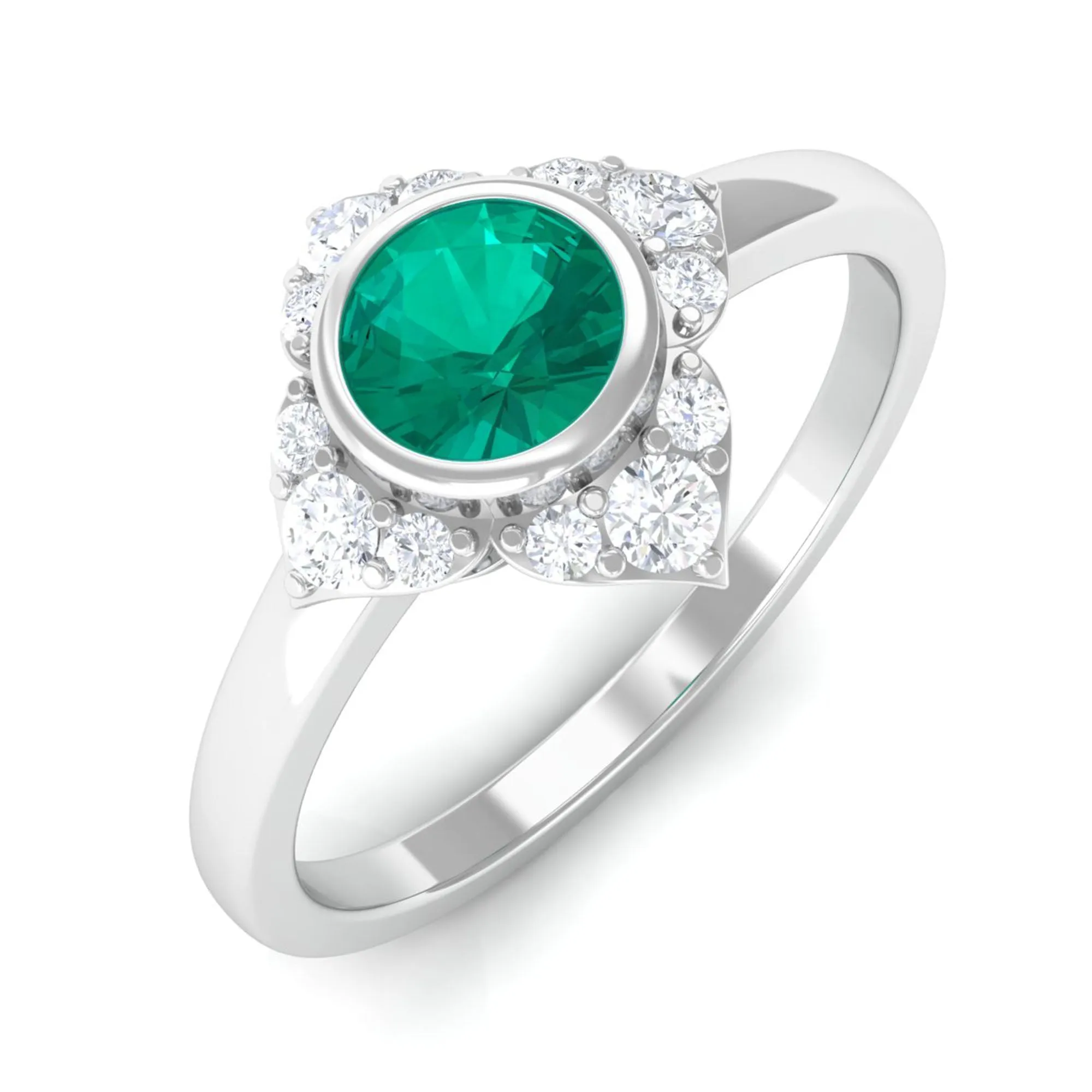 1/2 CT Round Emerald Vintage Engagement Ring with Diamond Accent