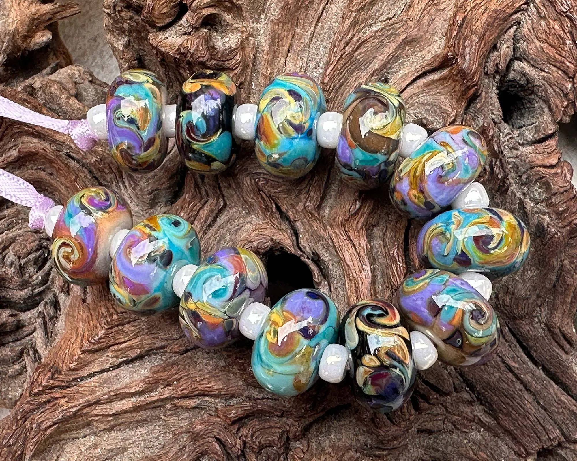 12 Desert Opal Swirls Lampwork Beads Set SRA