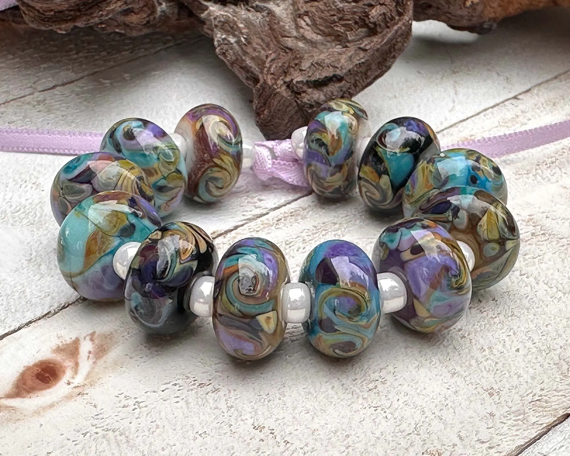 12 Desert Opal Swirls Lampwork Beads Set SRA