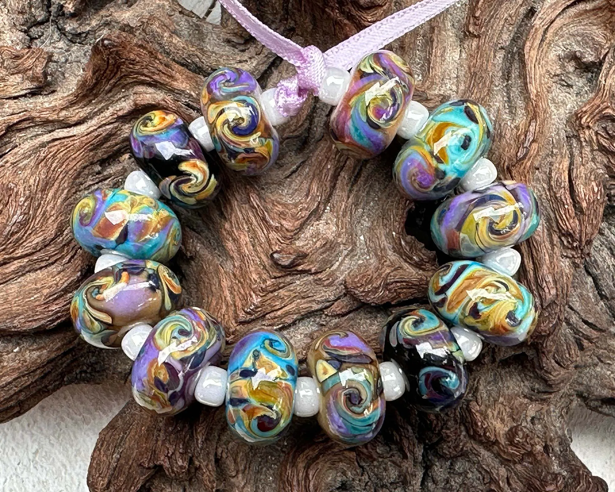 12 Desert Opal Swirls Lampwork Beads Set SRA
