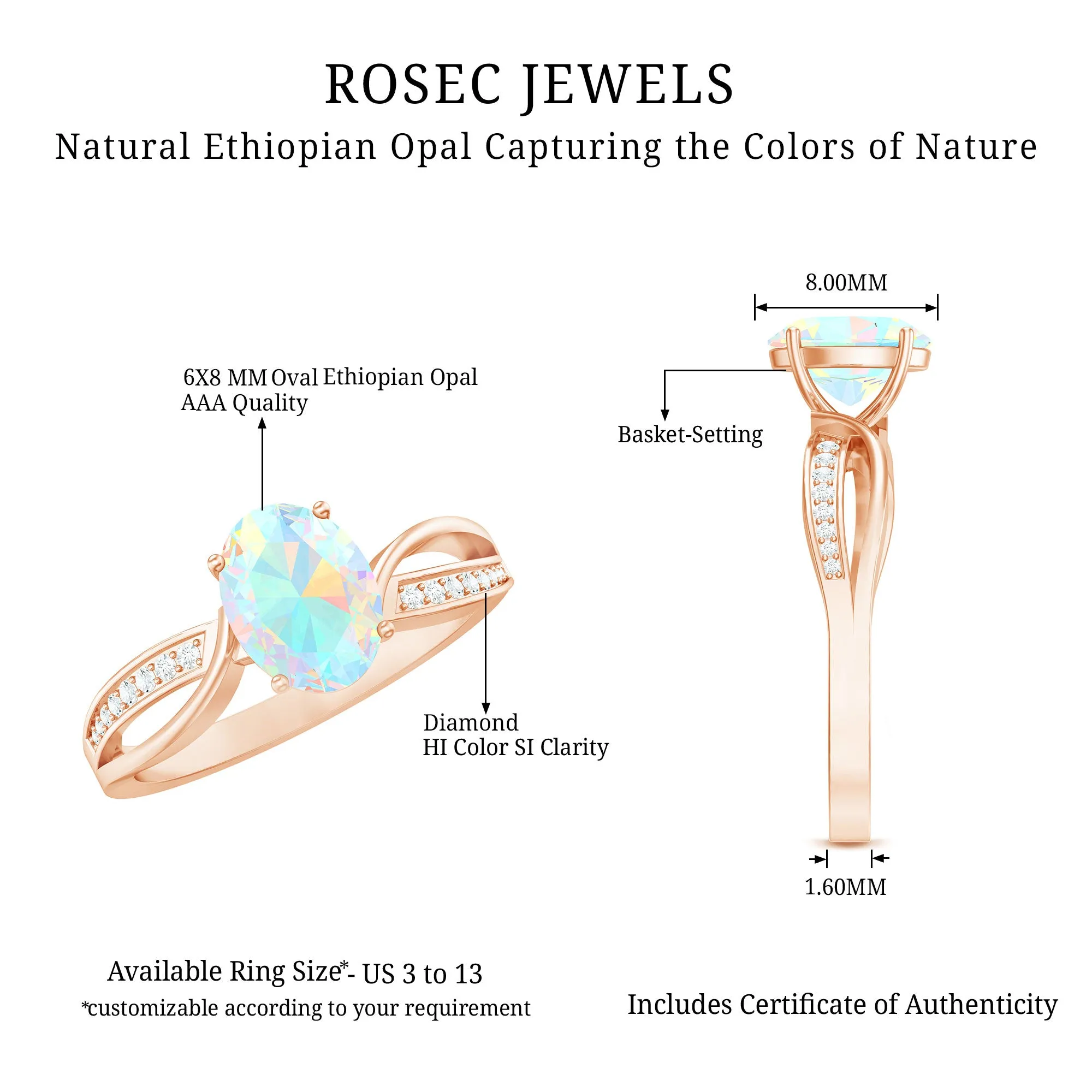 1.25 CT Oval Cut Ethiopian Opal Solitaire Ring with Diamond