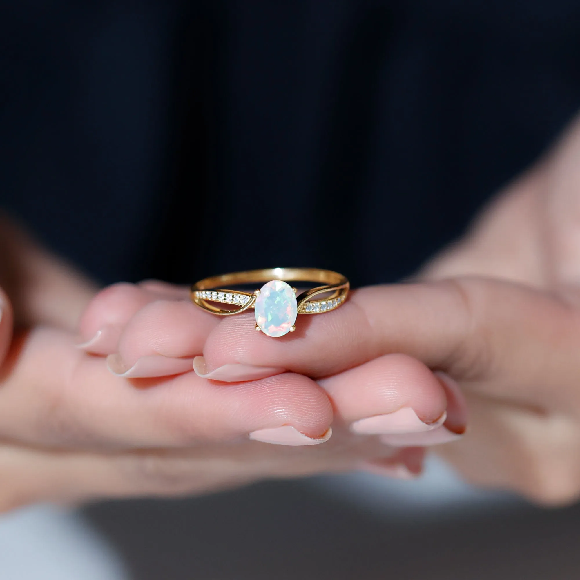 1.25 CT Oval Cut Ethiopian Opal Solitaire Ring with Diamond
