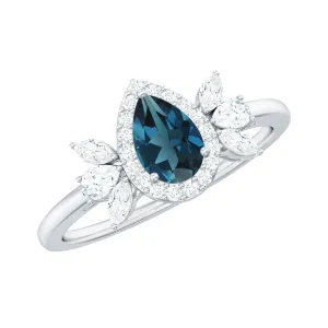 1.25 CT Pear Shape London Blue Topaz Engagement Ring with Diamond Accent