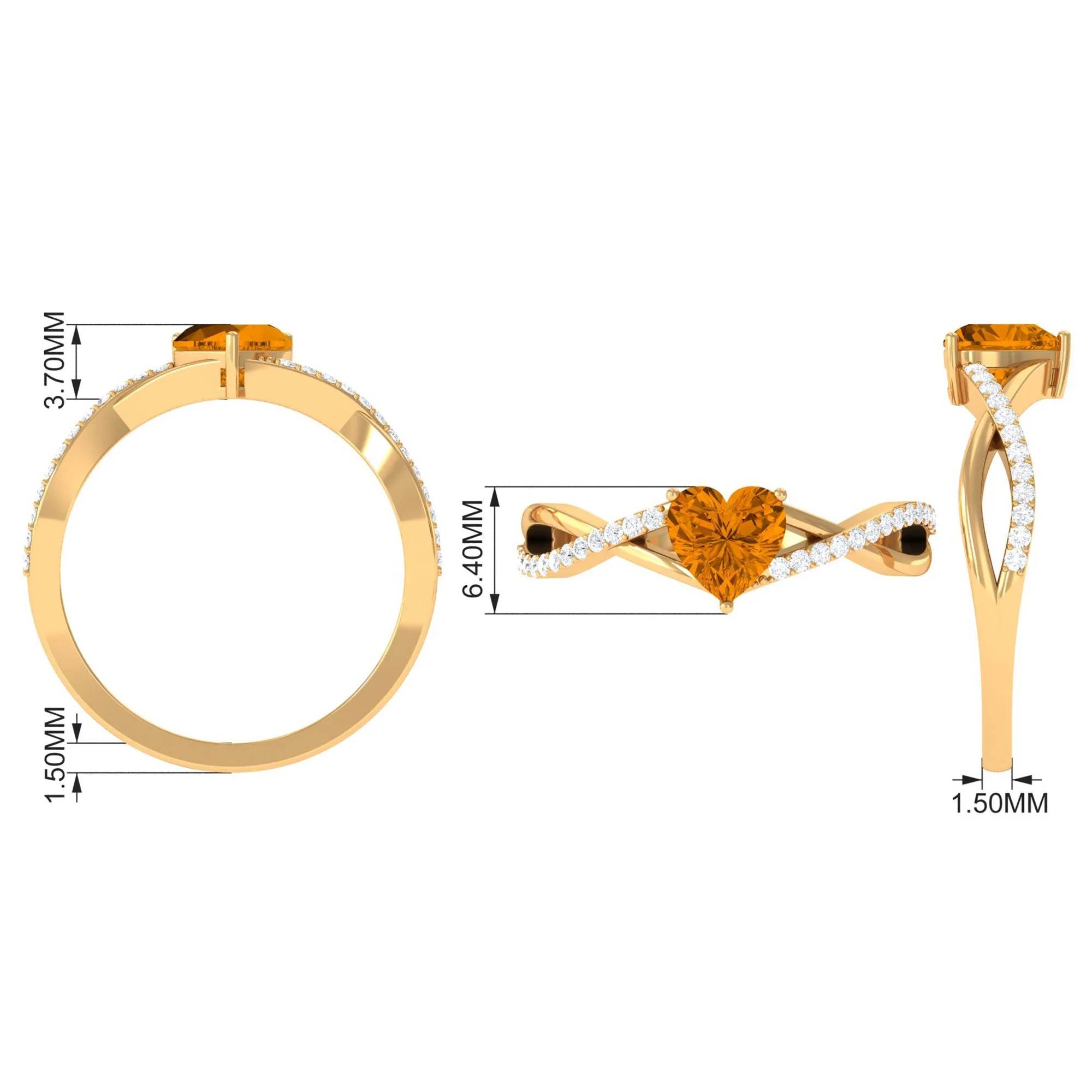 1.25 CT Real Citrine Solitaire Ring in Prong Setting with Diamond