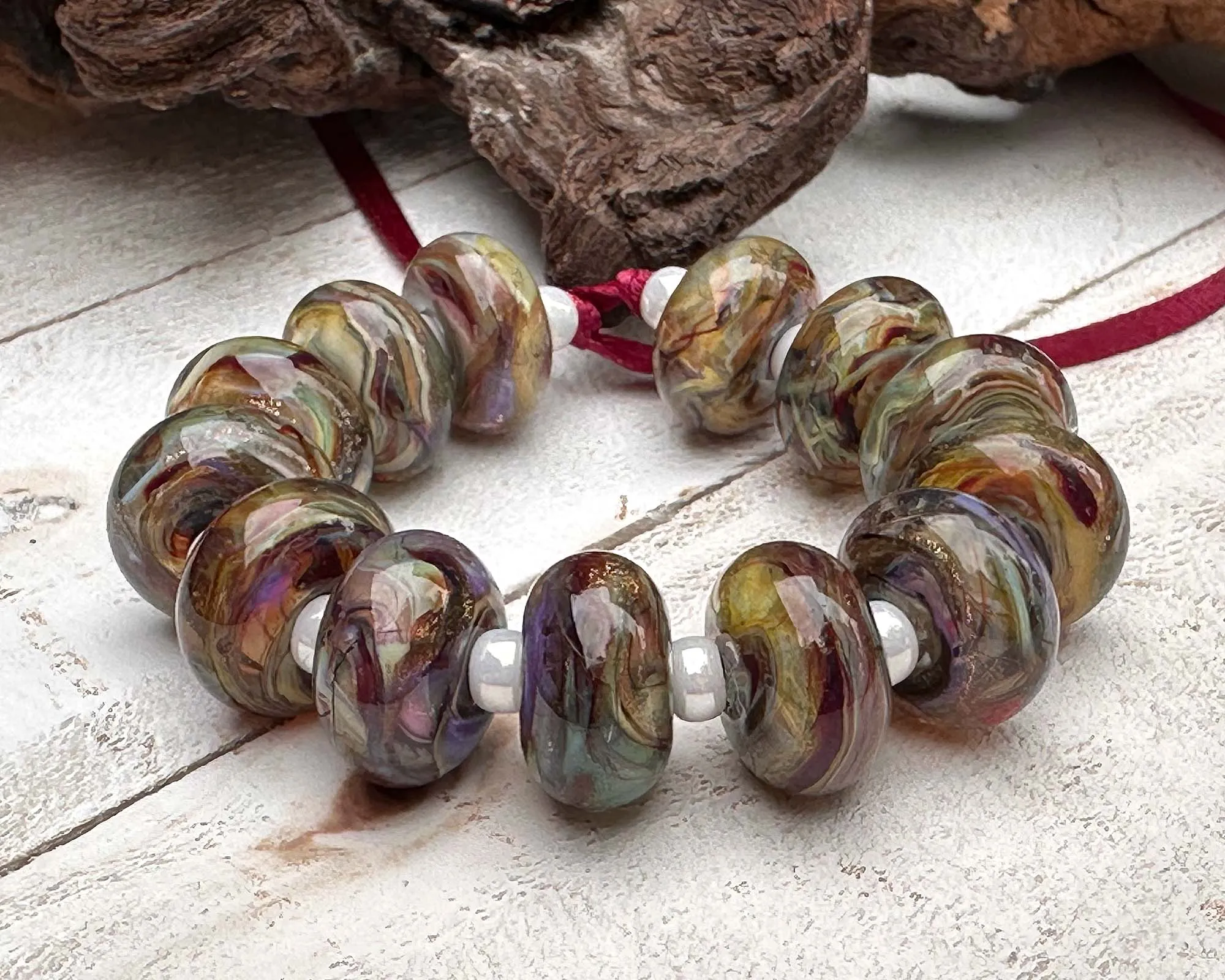 13 Desert Opal Swirls Lampwork Beads Set SRA