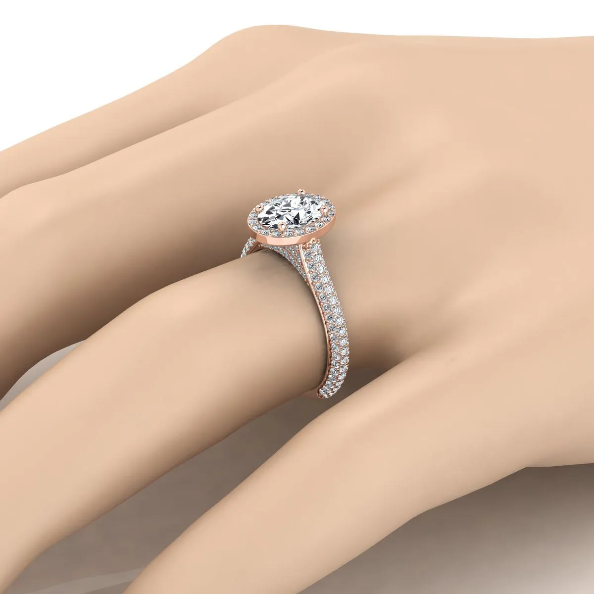 14K Rose Gold Oval Peridot Micro-Pavé Halo With Pave Side Diamond Engagement Ring -7/8ctw