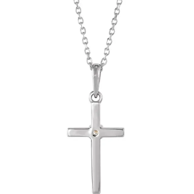 14K White Gold .06 CT Natural Diamond Cross 16-18" Necklace