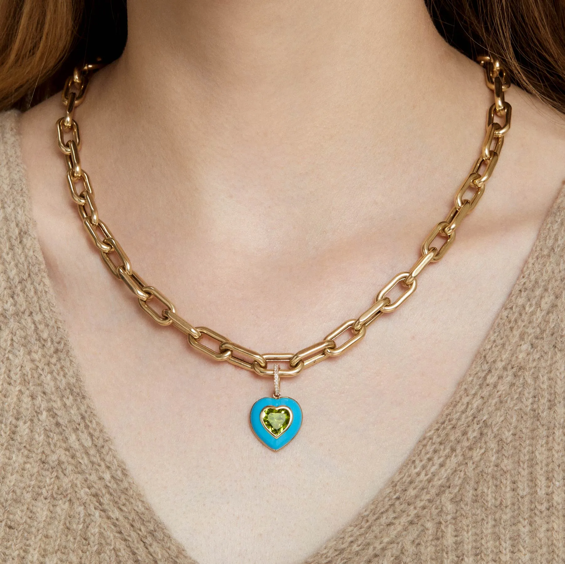14KT Yellow Gold Peridot Turquoise Enamel Heart Charm with Diamond Clip on Bail