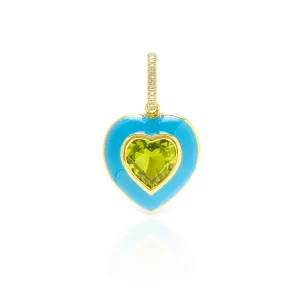 14KT Yellow Gold Peridot Turquoise Enamel Heart Charm with Diamond Clip on Bail