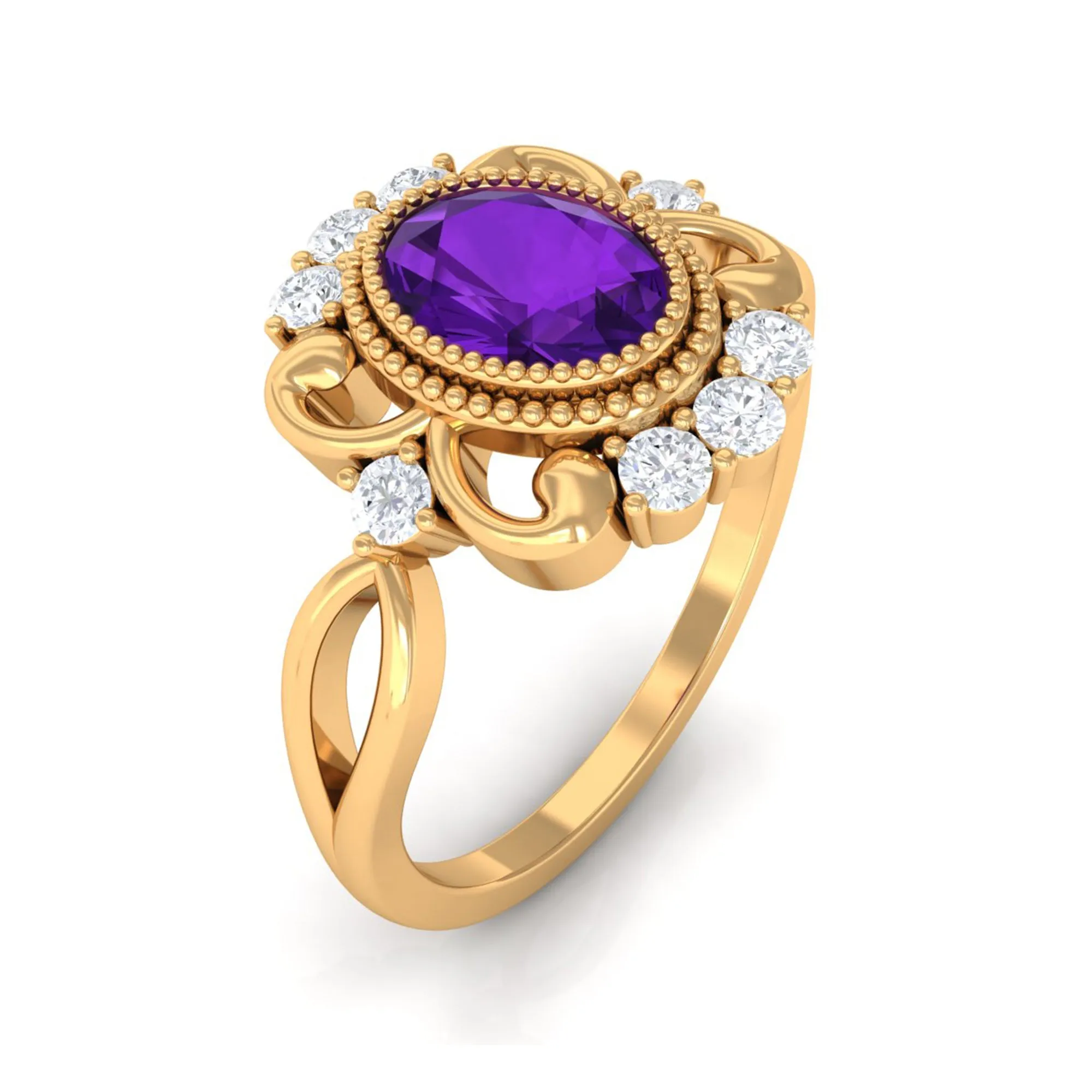 1.5 CT Vintage Inspired Oval Amethyst Engagement Ring with Diamond