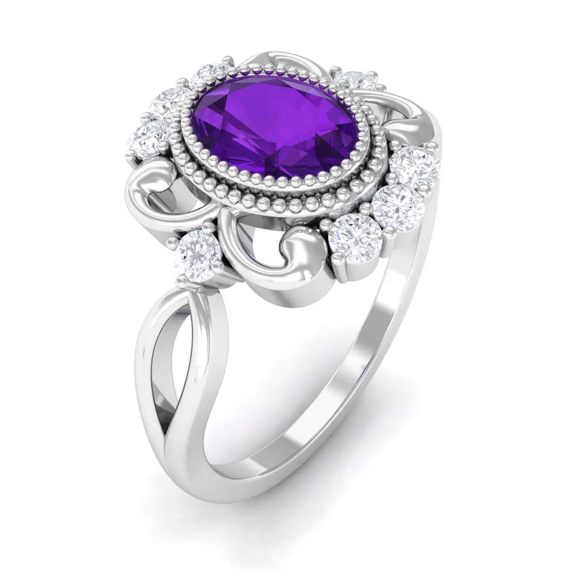 1.5 CT Vintage Inspired Oval Amethyst Engagement Ring with Diamond