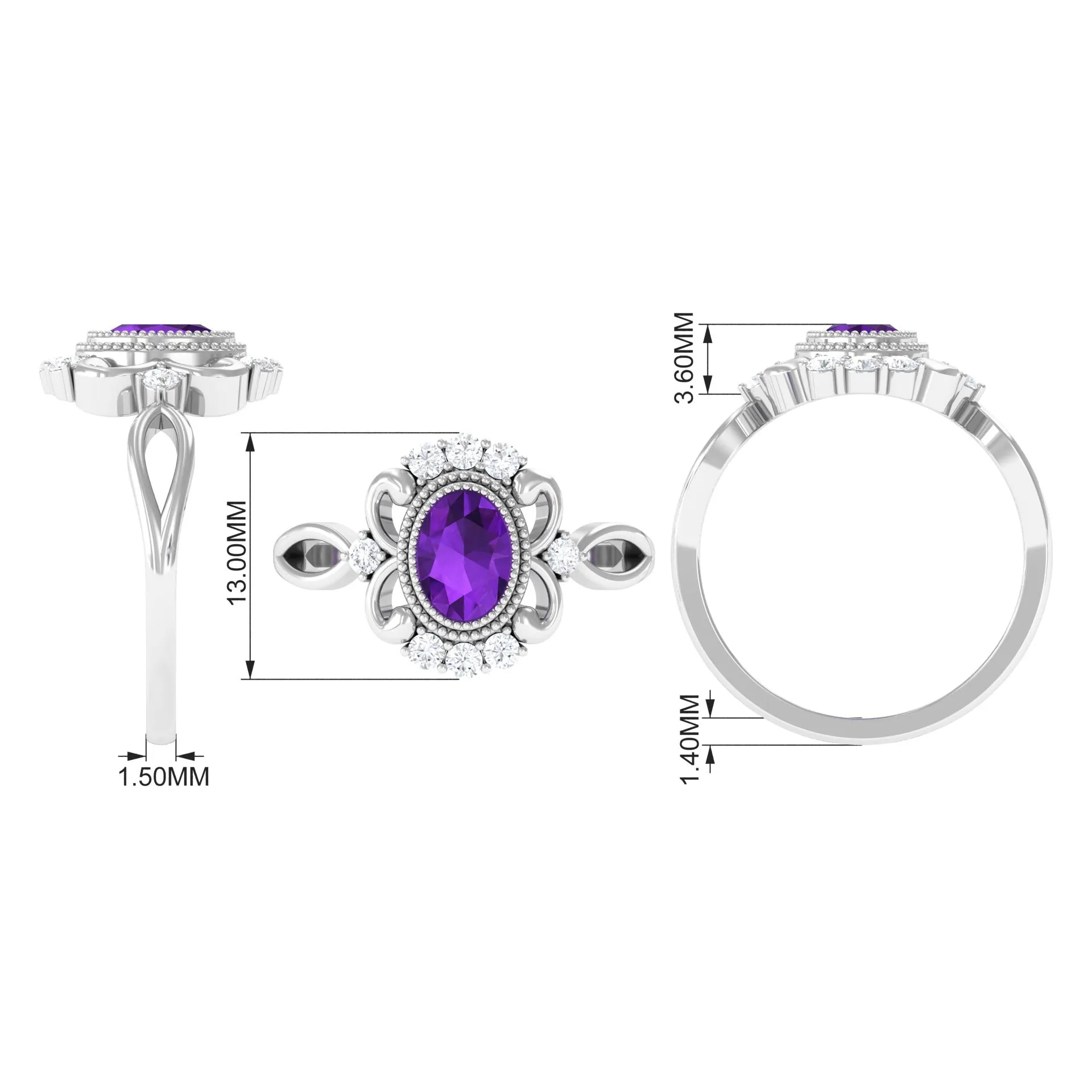 1.5 CT Vintage Inspired Oval Amethyst Engagement Ring with Diamond