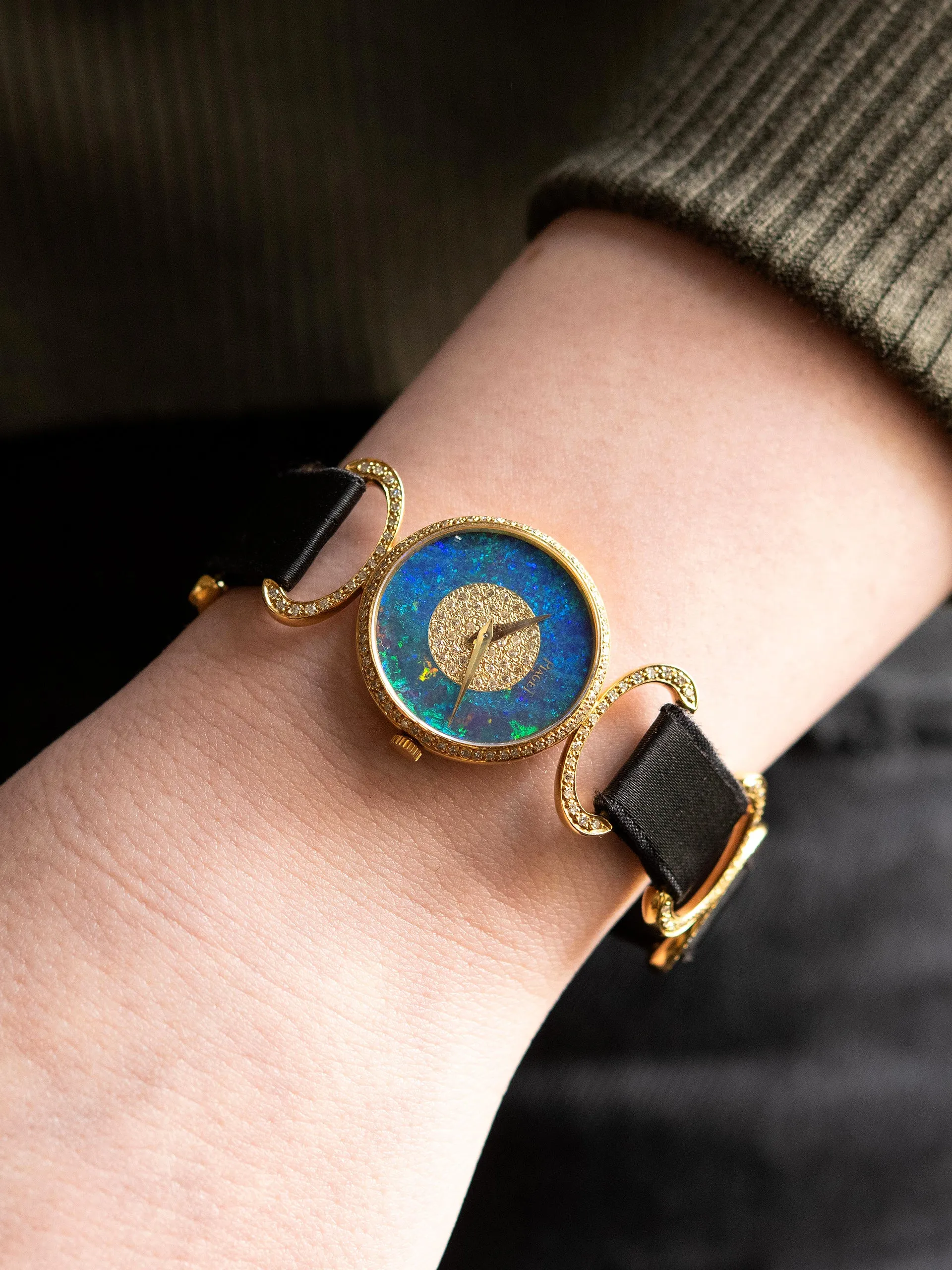 1970s Piaget Cocktail Watch 18K YG (Ref. 9005 DB) Fire Opal & Pave Diamond Dial W/ Box