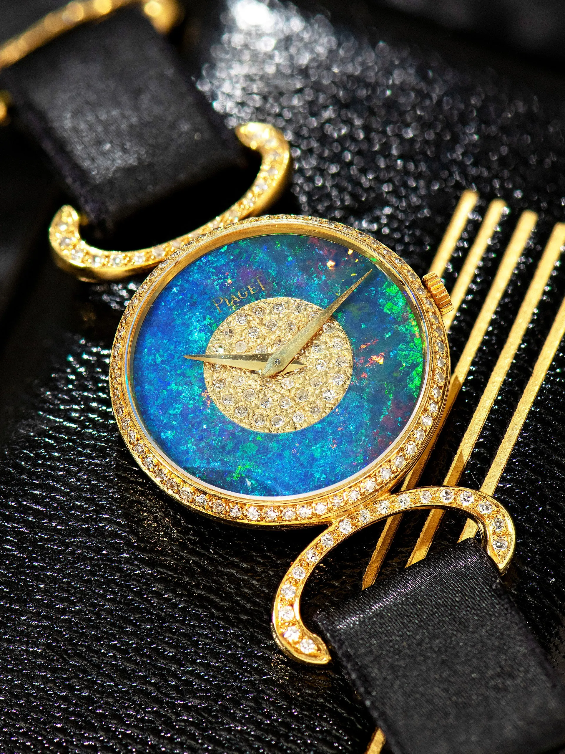 1970s Piaget Cocktail Watch 18K YG (Ref. 9005 DB) Fire Opal & Pave Diamond Dial W/ Box