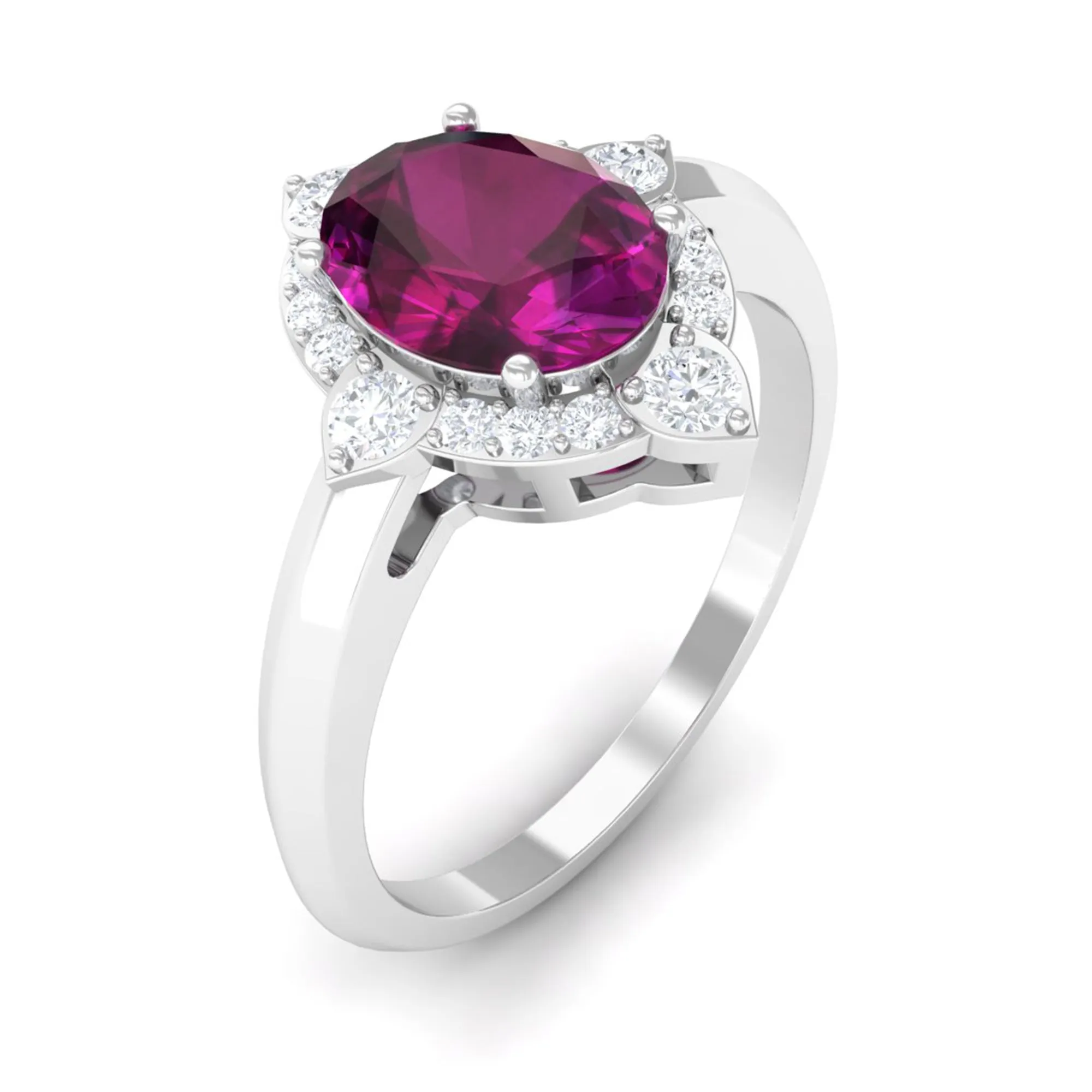2 CT Art Deco Engagement Ring with Oval Shape Rhodolite and Diamond Accent
