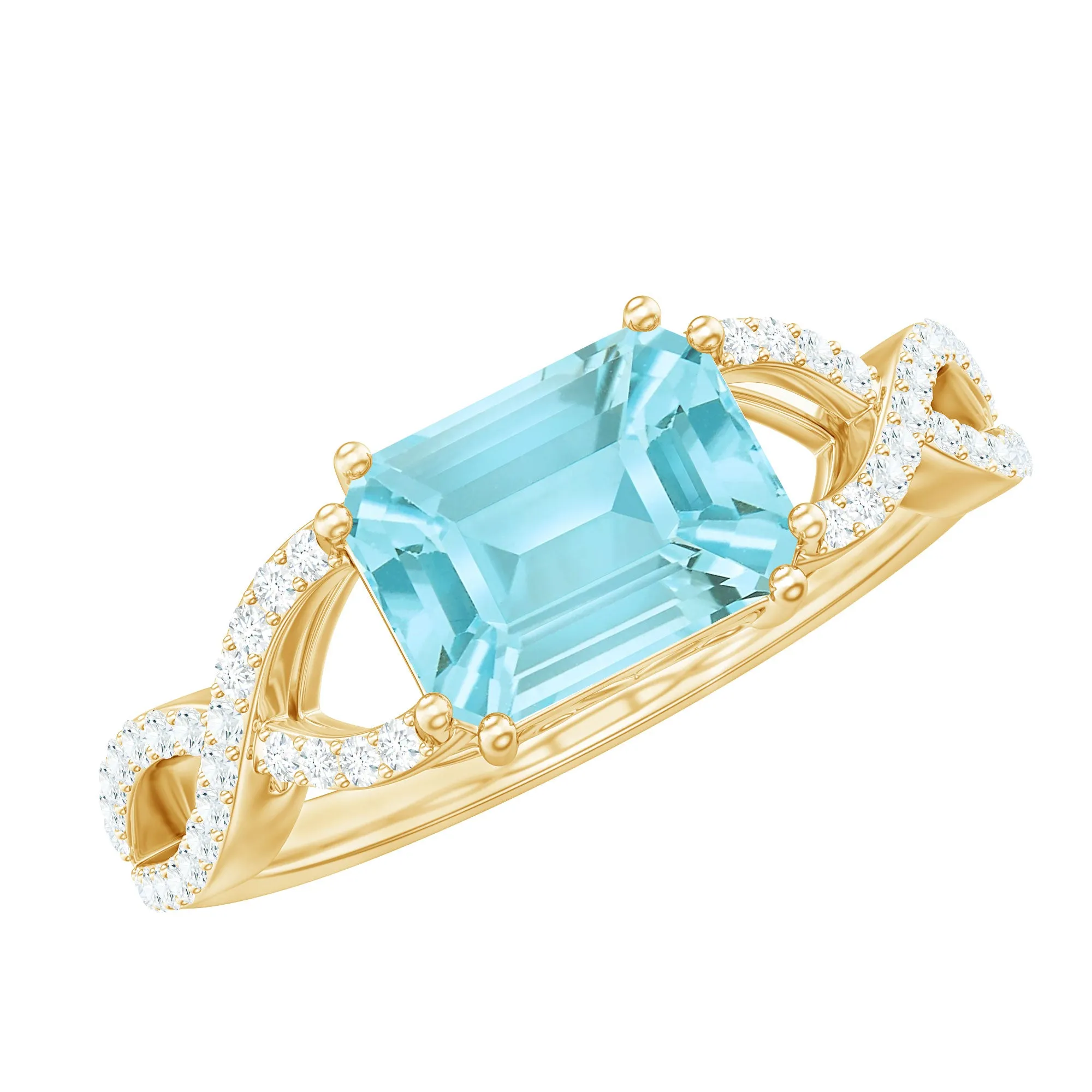 2 CT Emerald Cut Shape Sky Blue Topaz East West Engagement Ring with Diamond