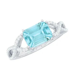 2 CT Emerald Cut Shape Sky Blue Topaz East West Engagement Ring with Diamond