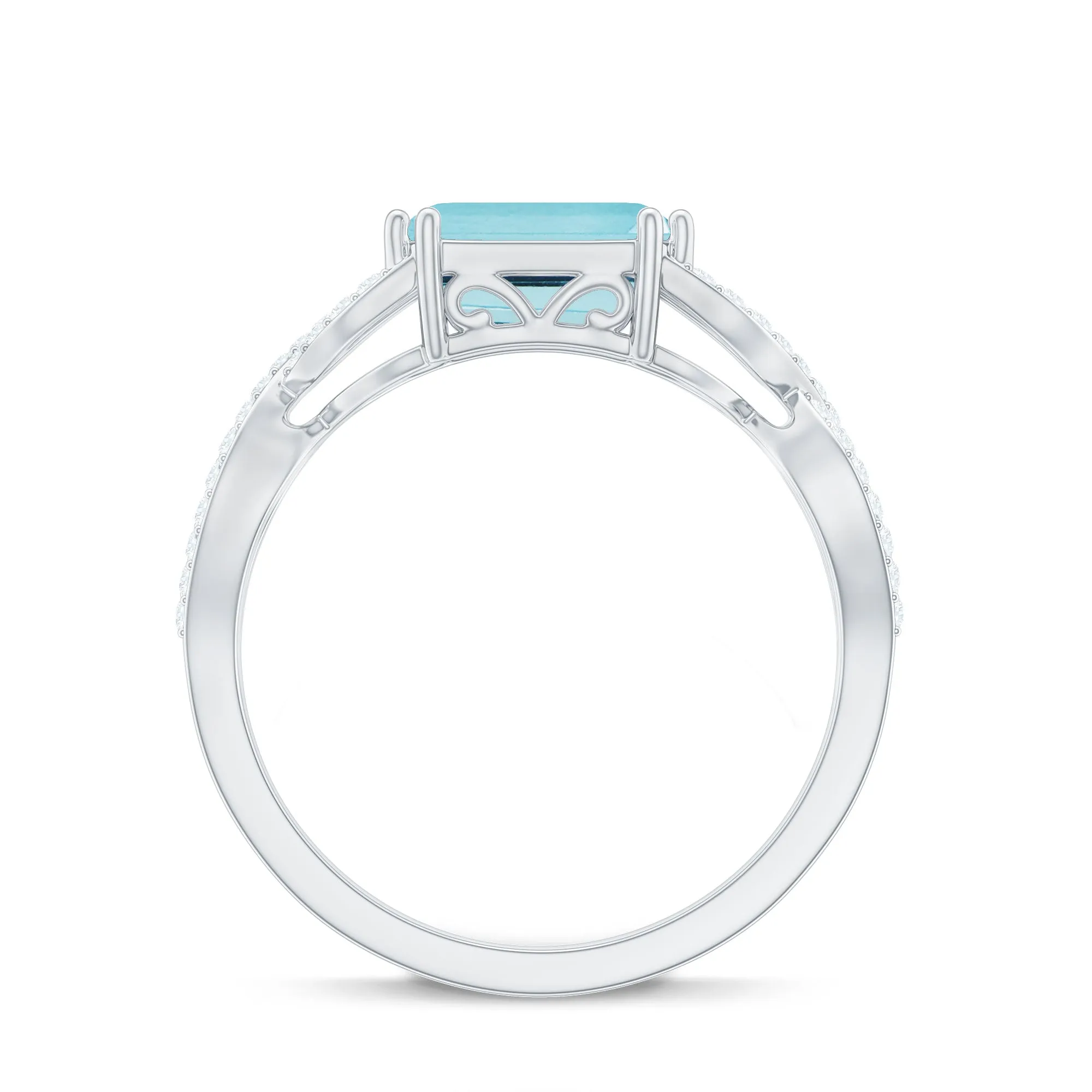 2 CT Emerald Cut Shape Sky Blue Topaz East West Engagement Ring with Diamond