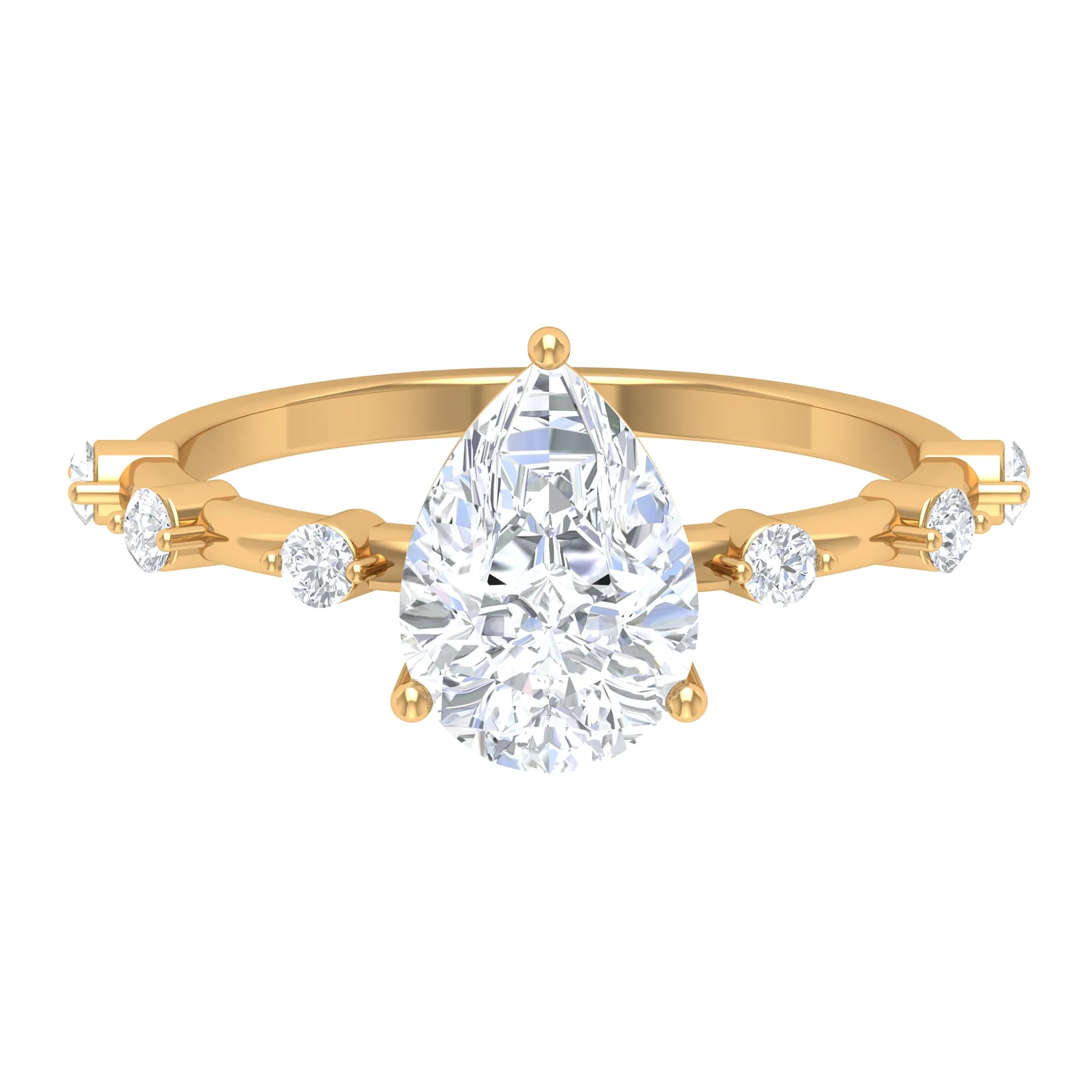 2 CT Three Prong Set Pear Cut Solitaire Moissanite Ring with Spaced Accent