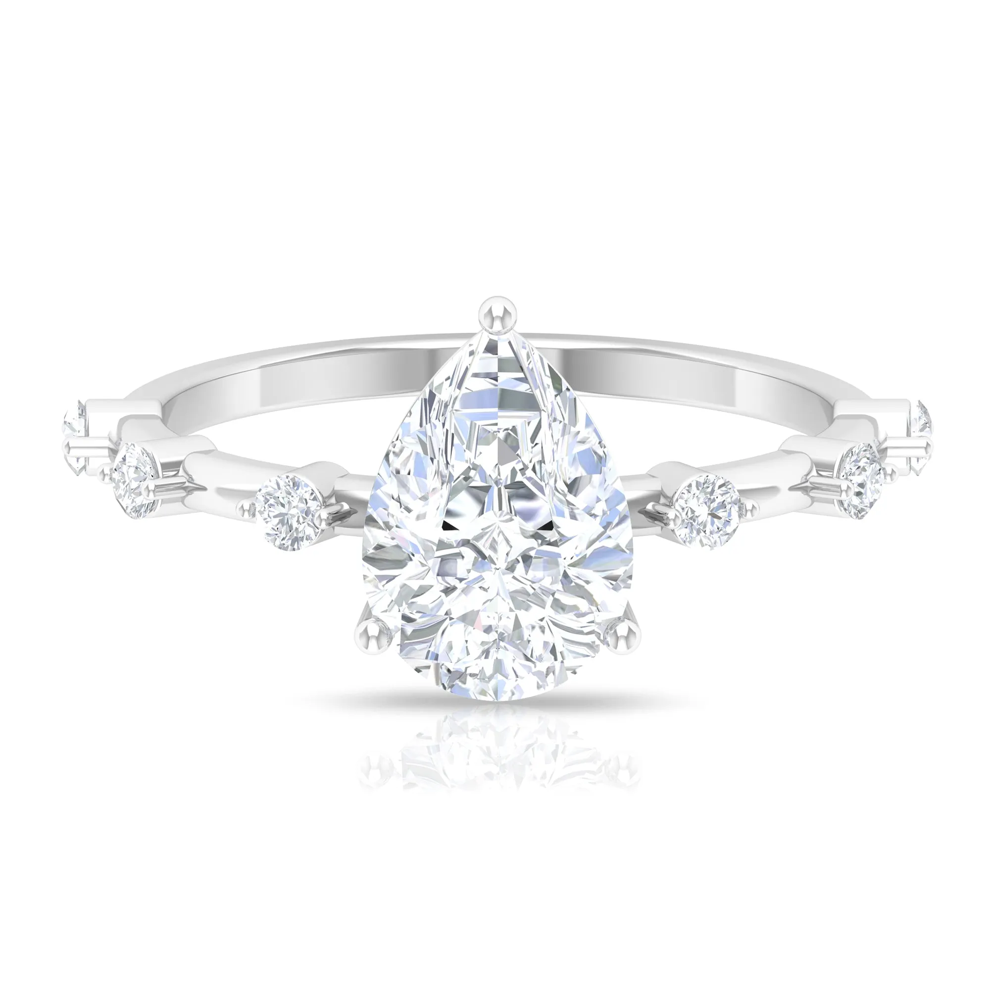 2 CT Three Prong Set Pear Cut Solitaire Moissanite Ring with Spaced Accent