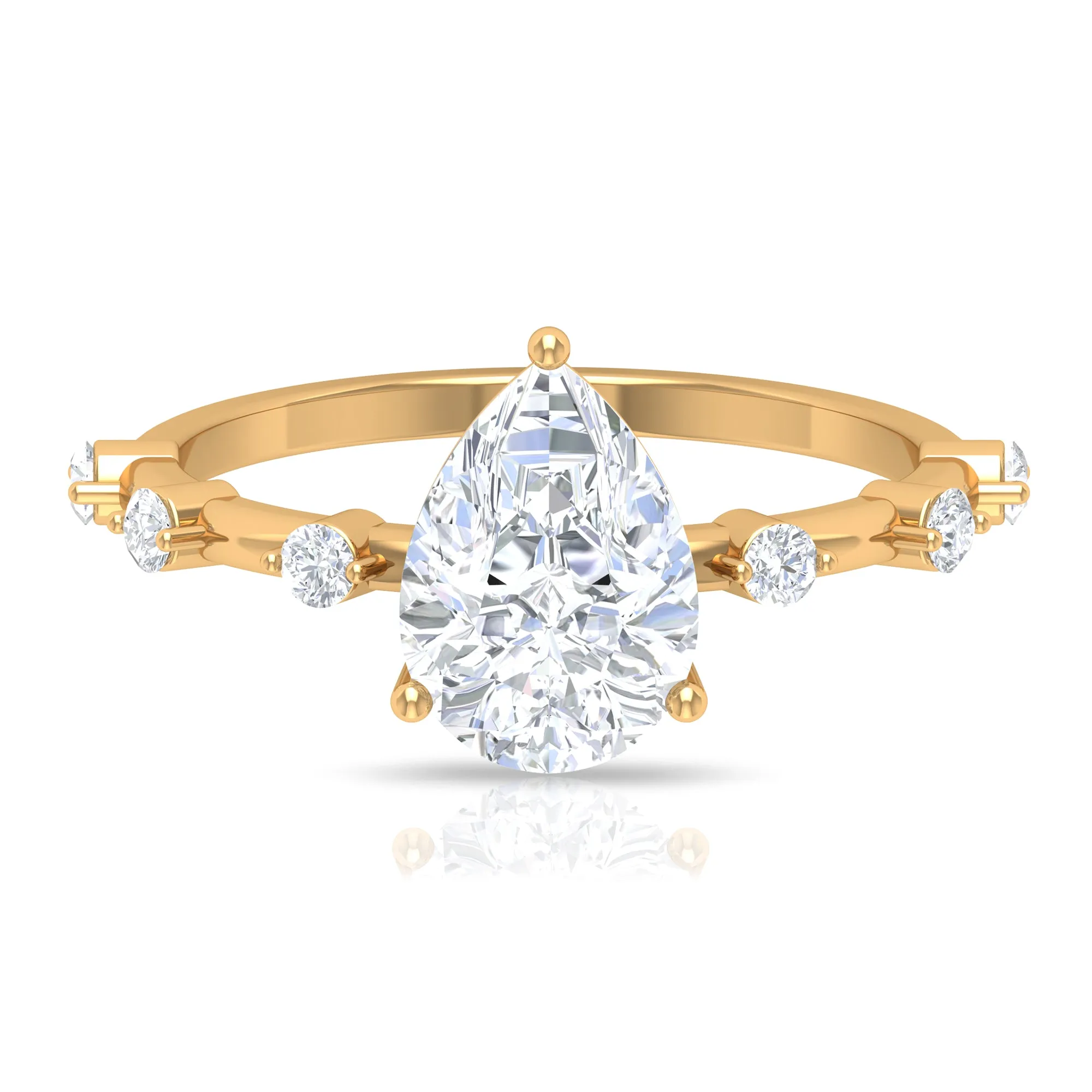 2 CT Three Prong Set Pear Cut Solitaire Moissanite Ring with Spaced Accent