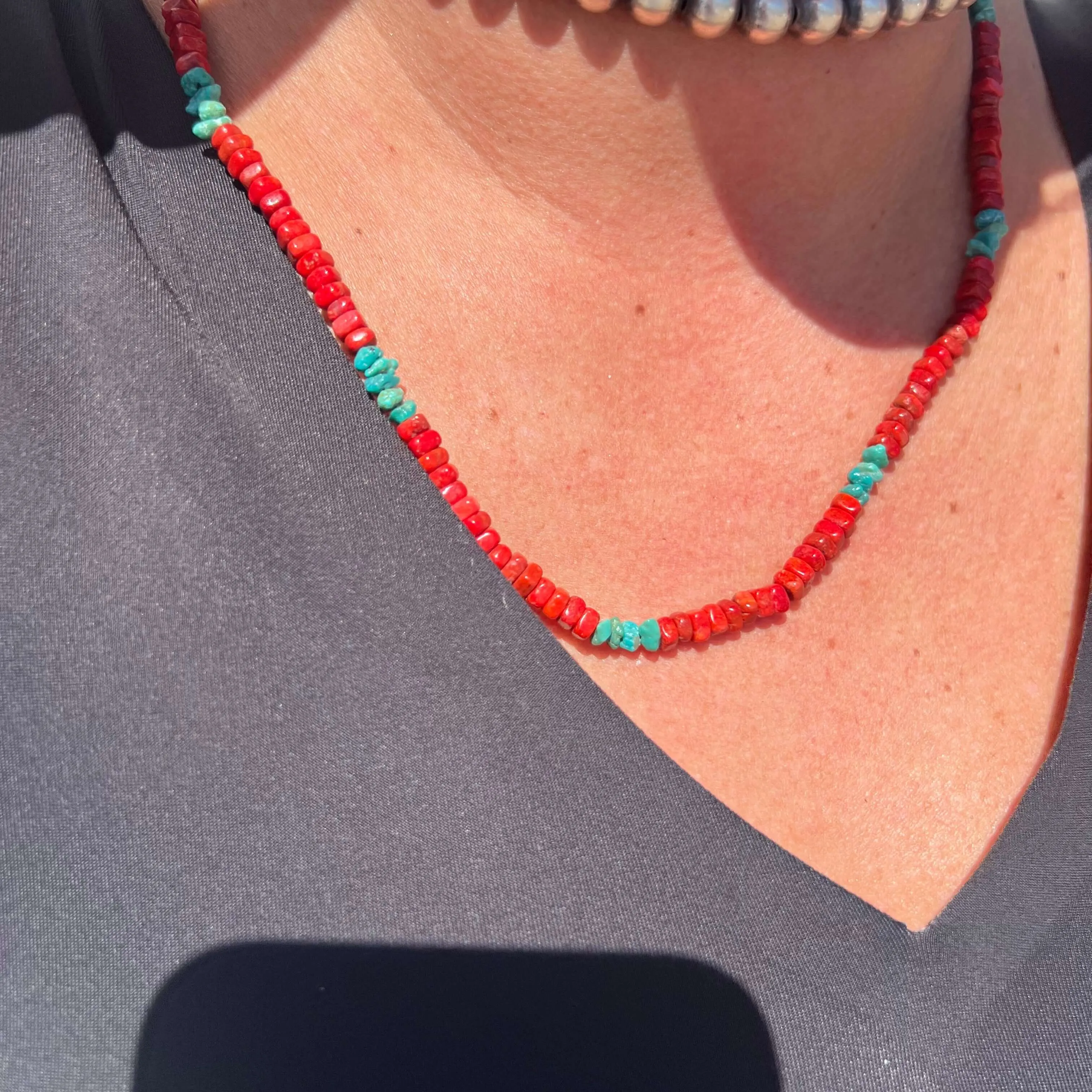 20 inch Red Coral and Turquoise Chunky Genuine Necklace.