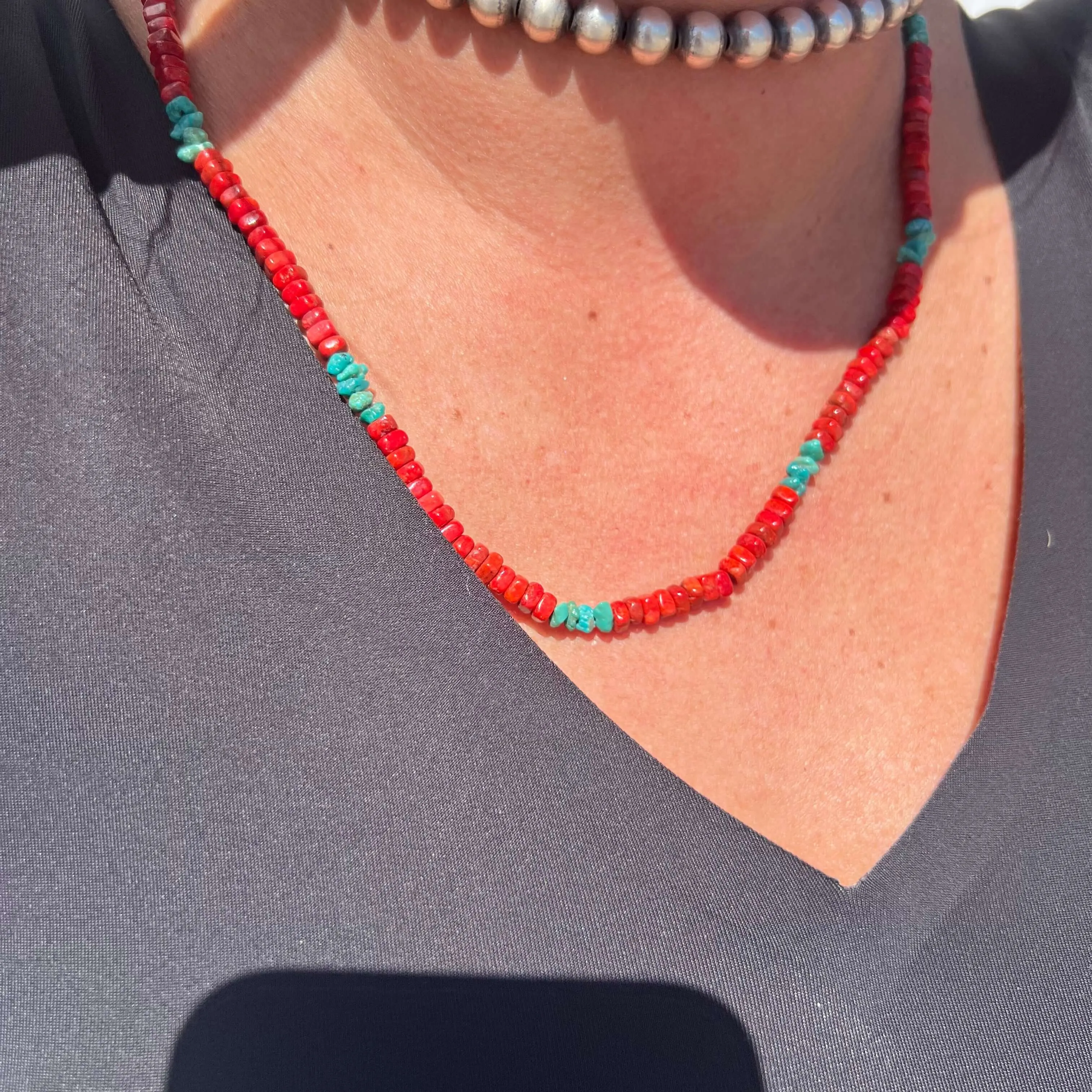 20 inch Red Coral and Turquoise Chunky Genuine Necklace.