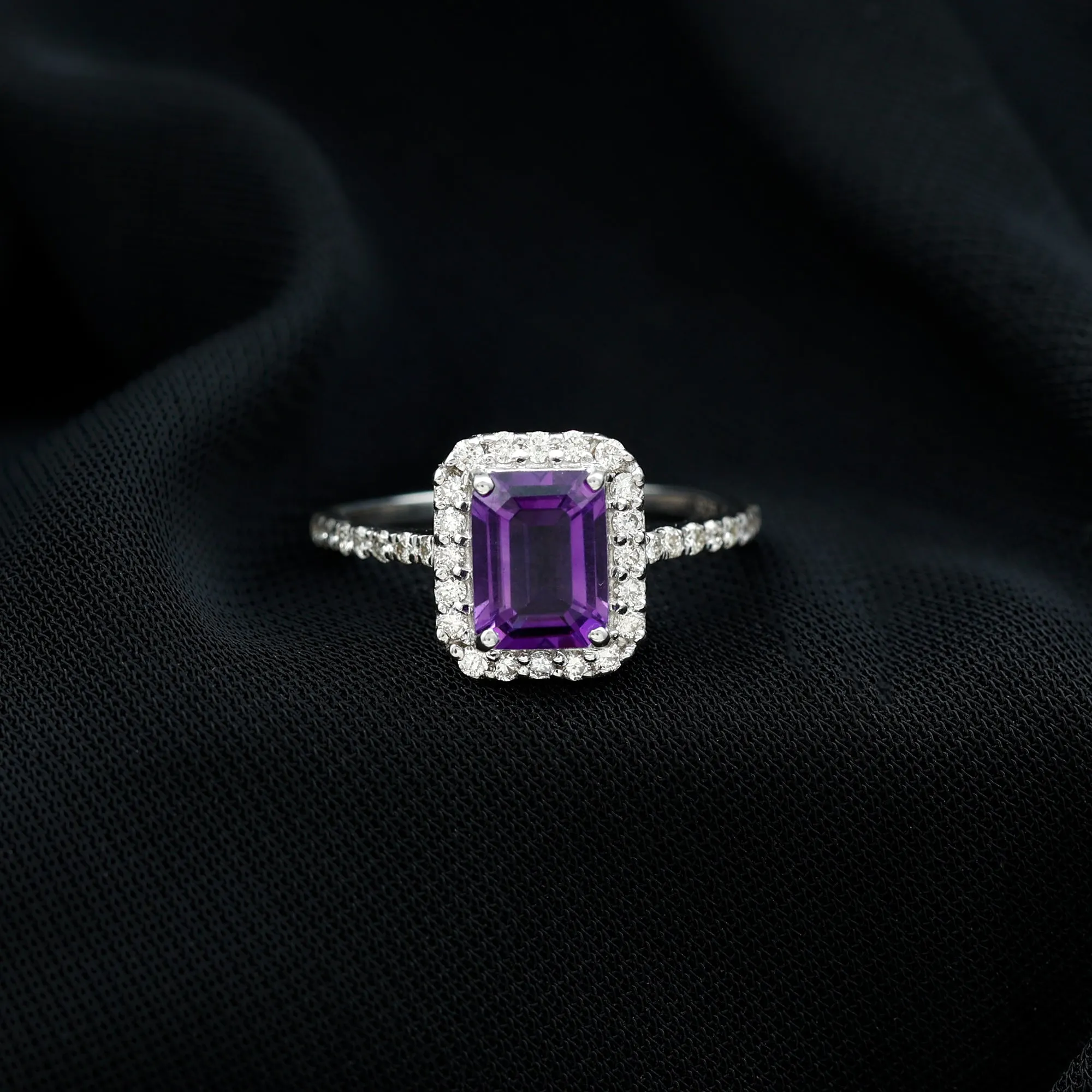 2.25 CT Octagon Cut Amethyst Solitaire Ring with Diamond Side Stones