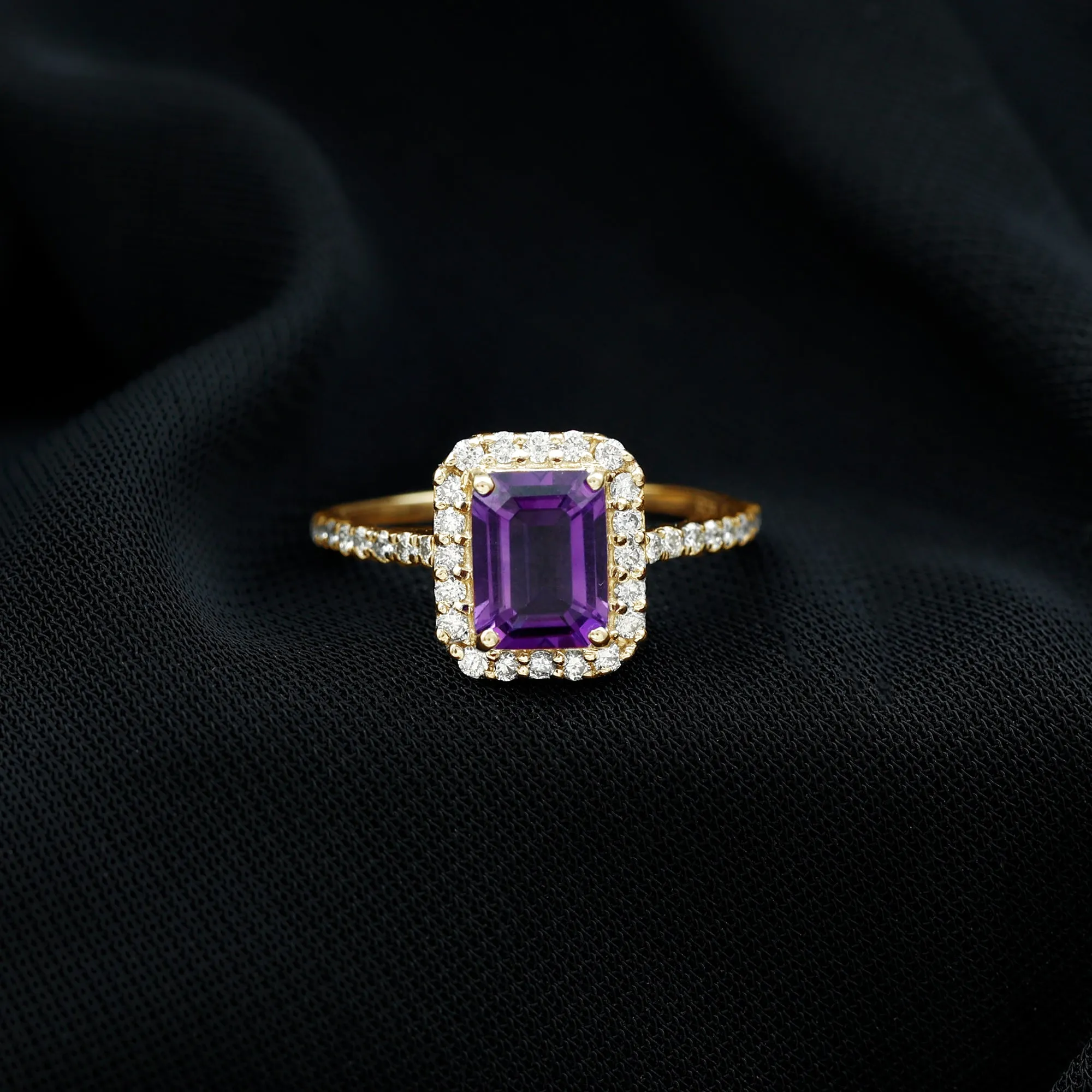 2.25 CT Octagon Cut Amethyst Solitaire Ring with Diamond Side Stones