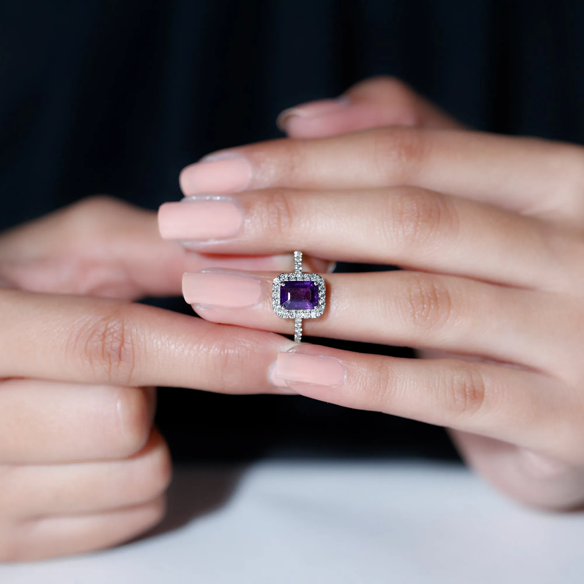 2.25 CT Octagon Cut Amethyst Solitaire Ring with Diamond Side Stones