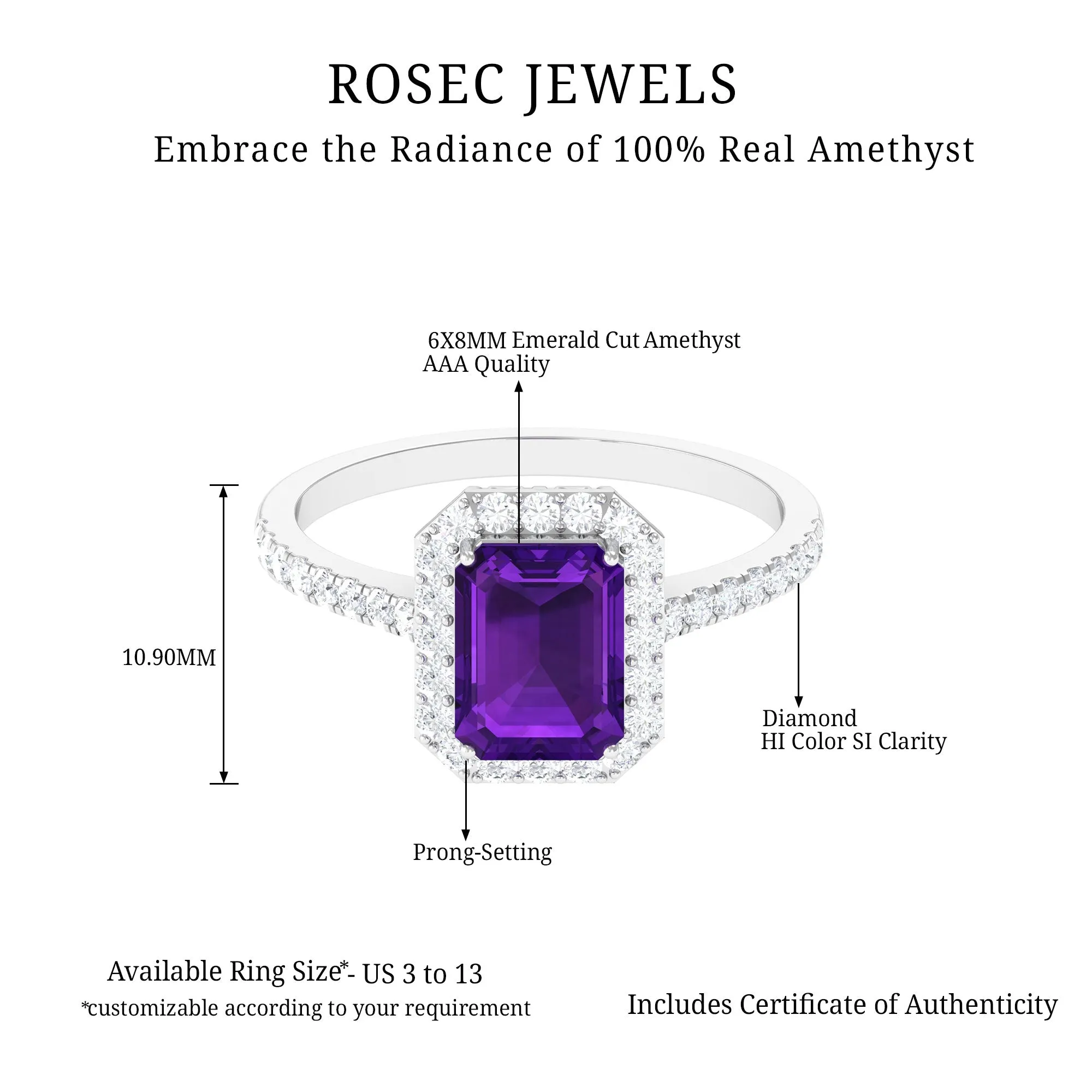 2.25 CT Octagon Cut Amethyst Solitaire Ring with Diamond Side Stones