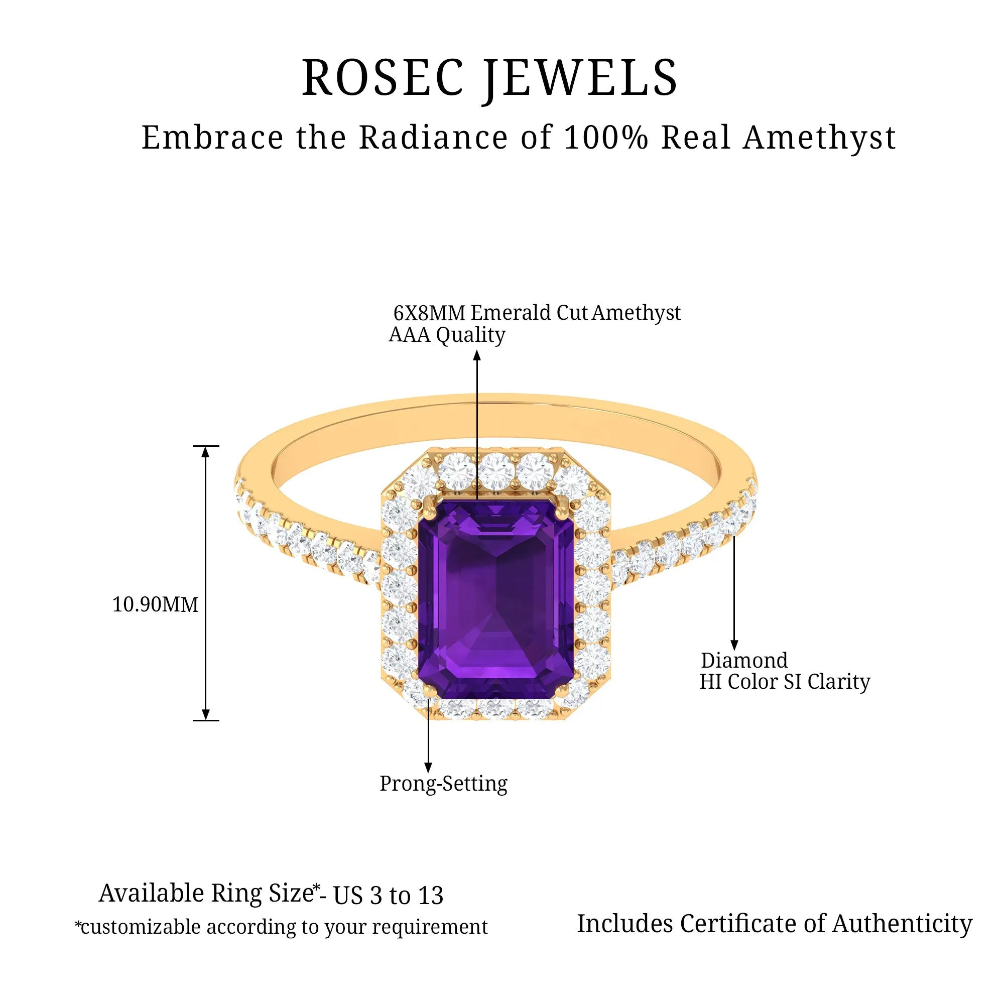 2.25 CT Octagon Cut Amethyst Solitaire Ring with Diamond Side Stones