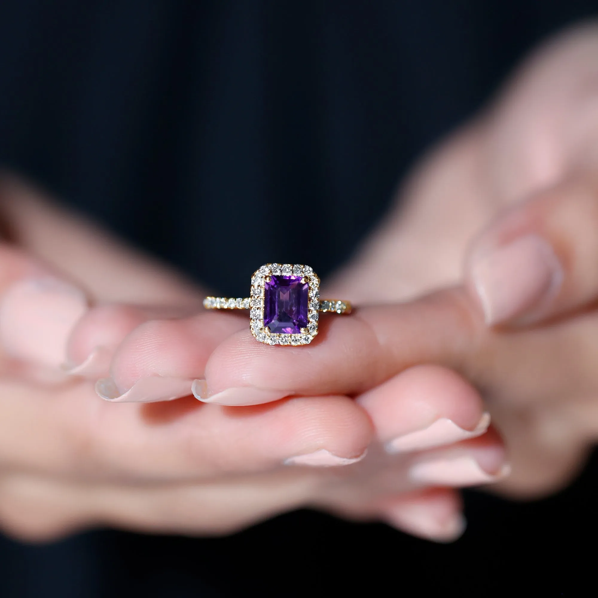 2.25 CT Octagon Cut Amethyst Solitaire Ring with Diamond Side Stones