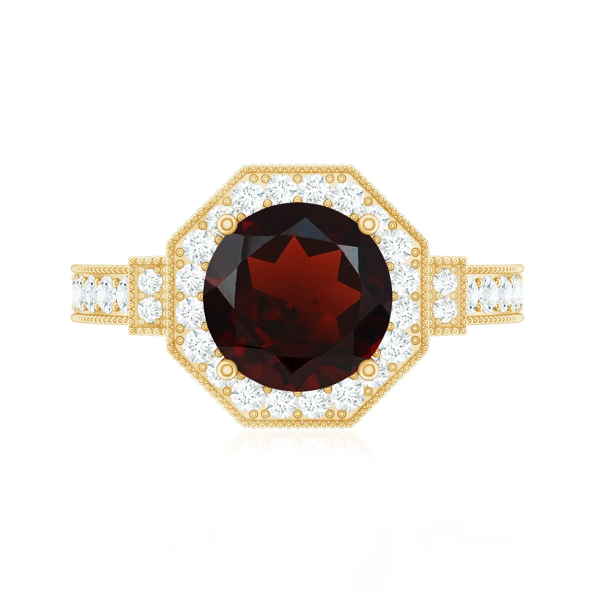 3.25 CT Garnet Vintage Engagement Ring with Diamond Side Stones and Milgrain Detailing