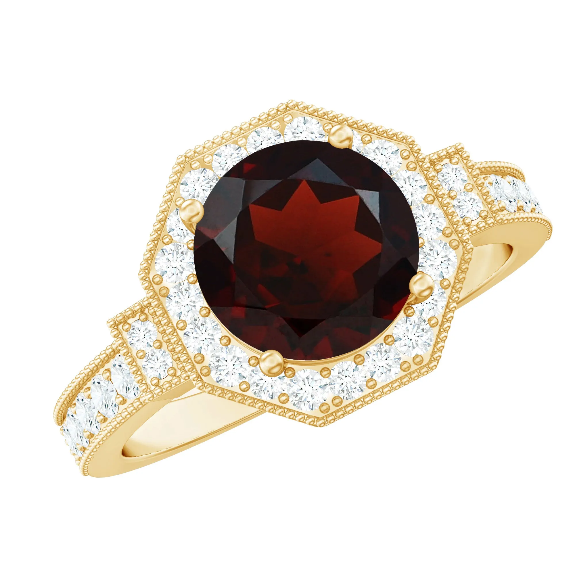 3.25 CT Garnet Vintage Engagement Ring with Diamond Side Stones and Milgrain Detailing