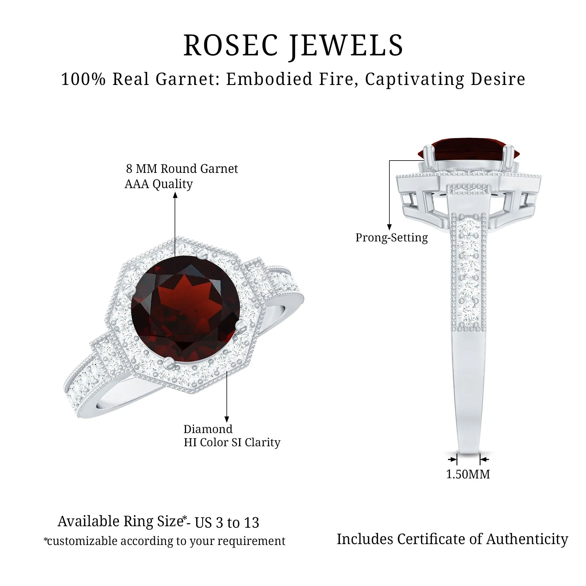 3.25 CT Garnet Vintage Engagement Ring with Diamond Side Stones and Milgrain Detailing