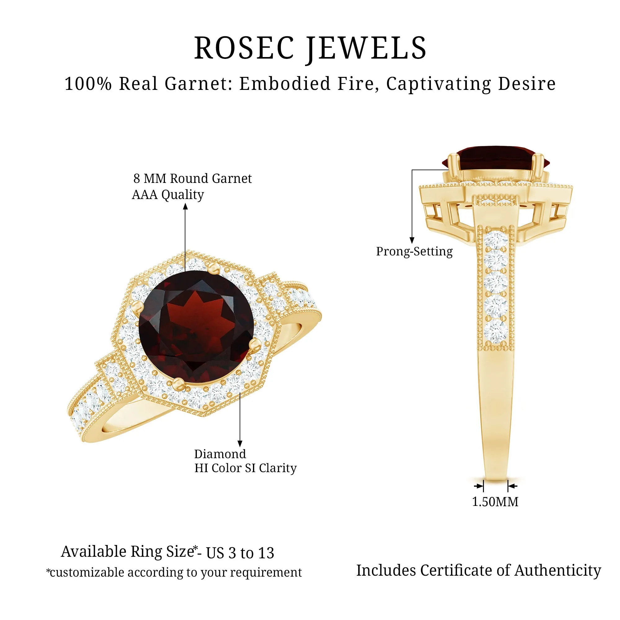 3.25 CT Garnet Vintage Engagement Ring with Diamond Side Stones and Milgrain Detailing