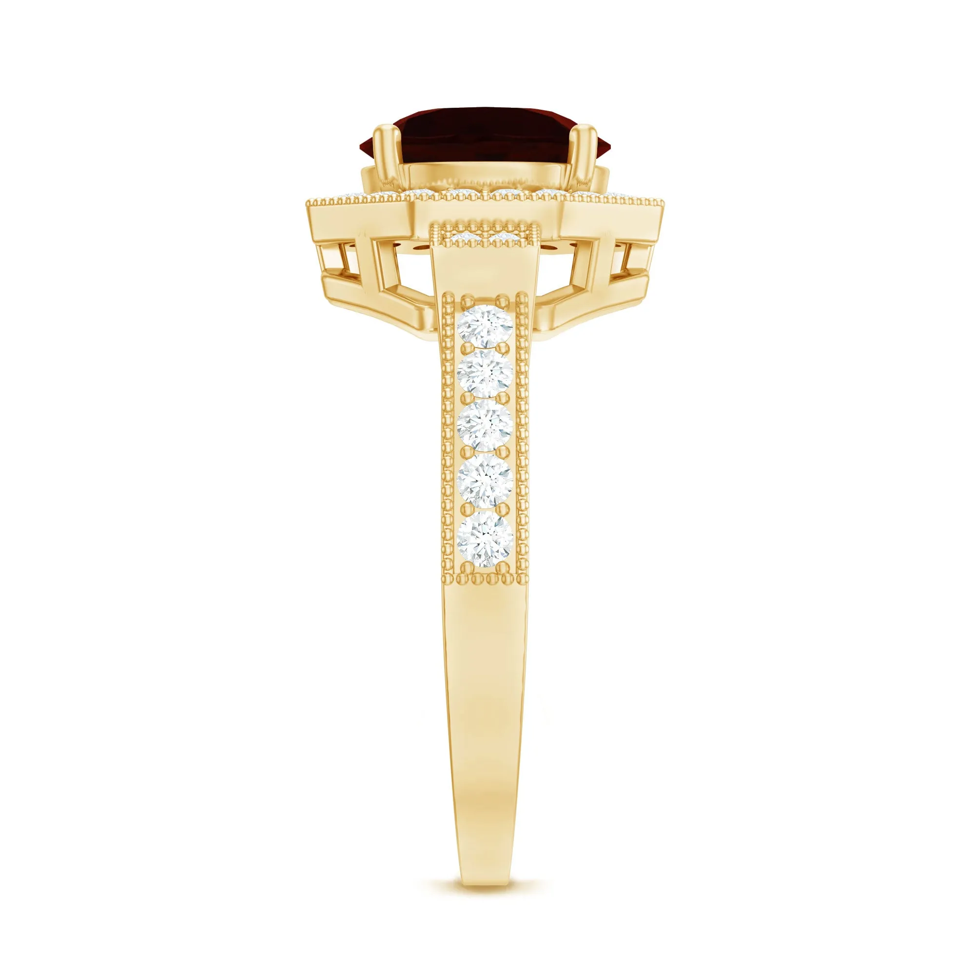 3.25 CT Garnet Vintage Engagement Ring with Diamond Side Stones and Milgrain Detailing