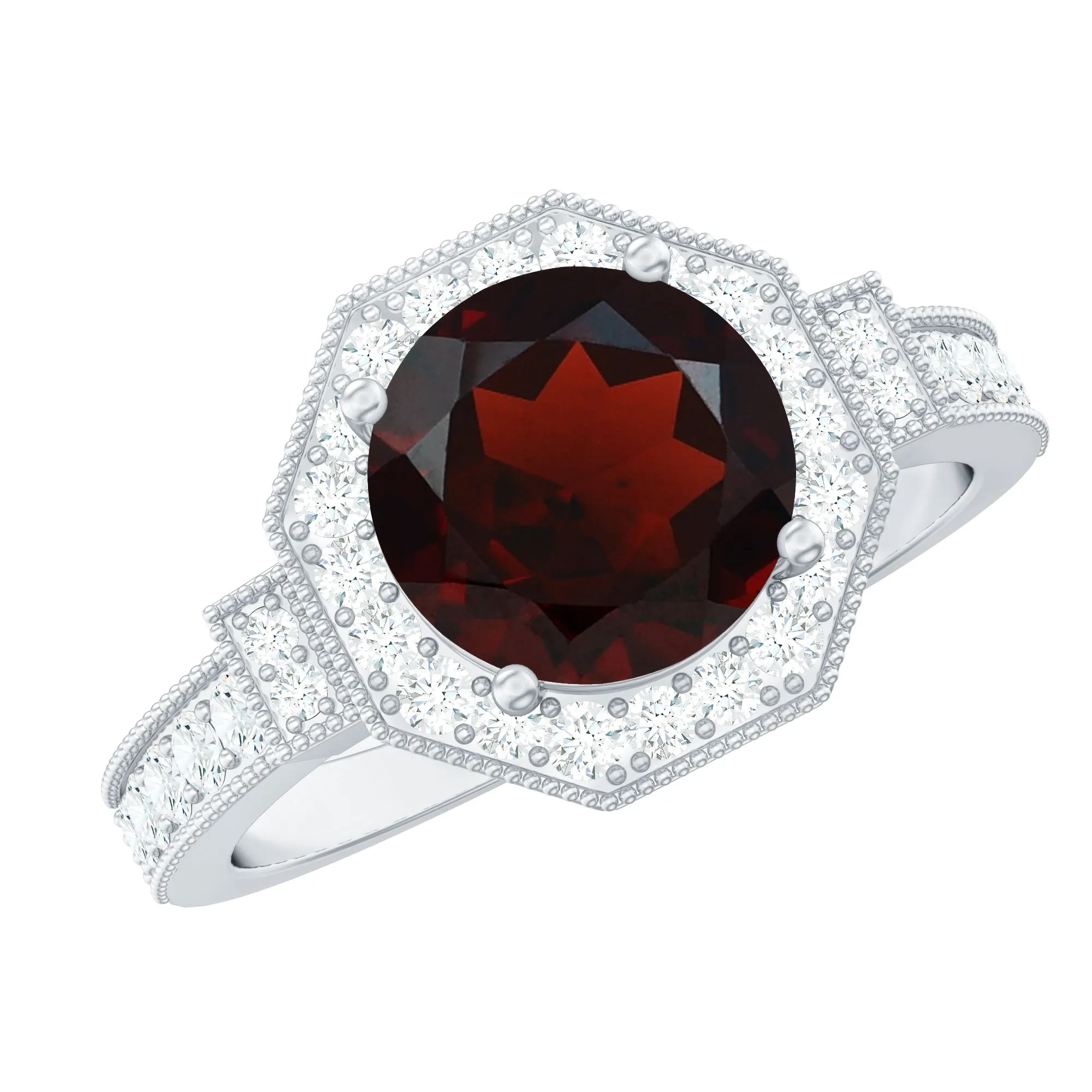 3.25 CT Garnet Vintage Engagement Ring with Diamond Side Stones and Milgrain Detailing