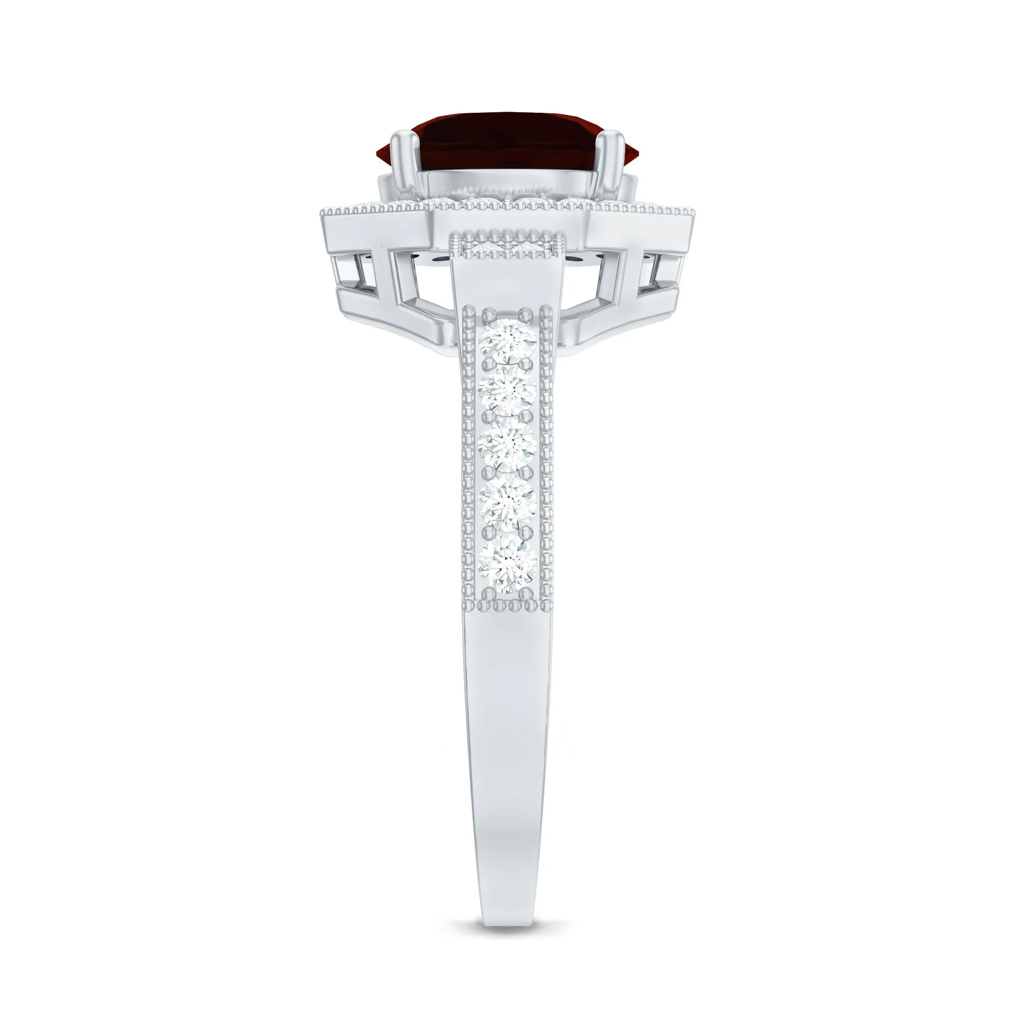 3.25 CT Garnet Vintage Engagement Ring with Diamond Side Stones and Milgrain Detailing