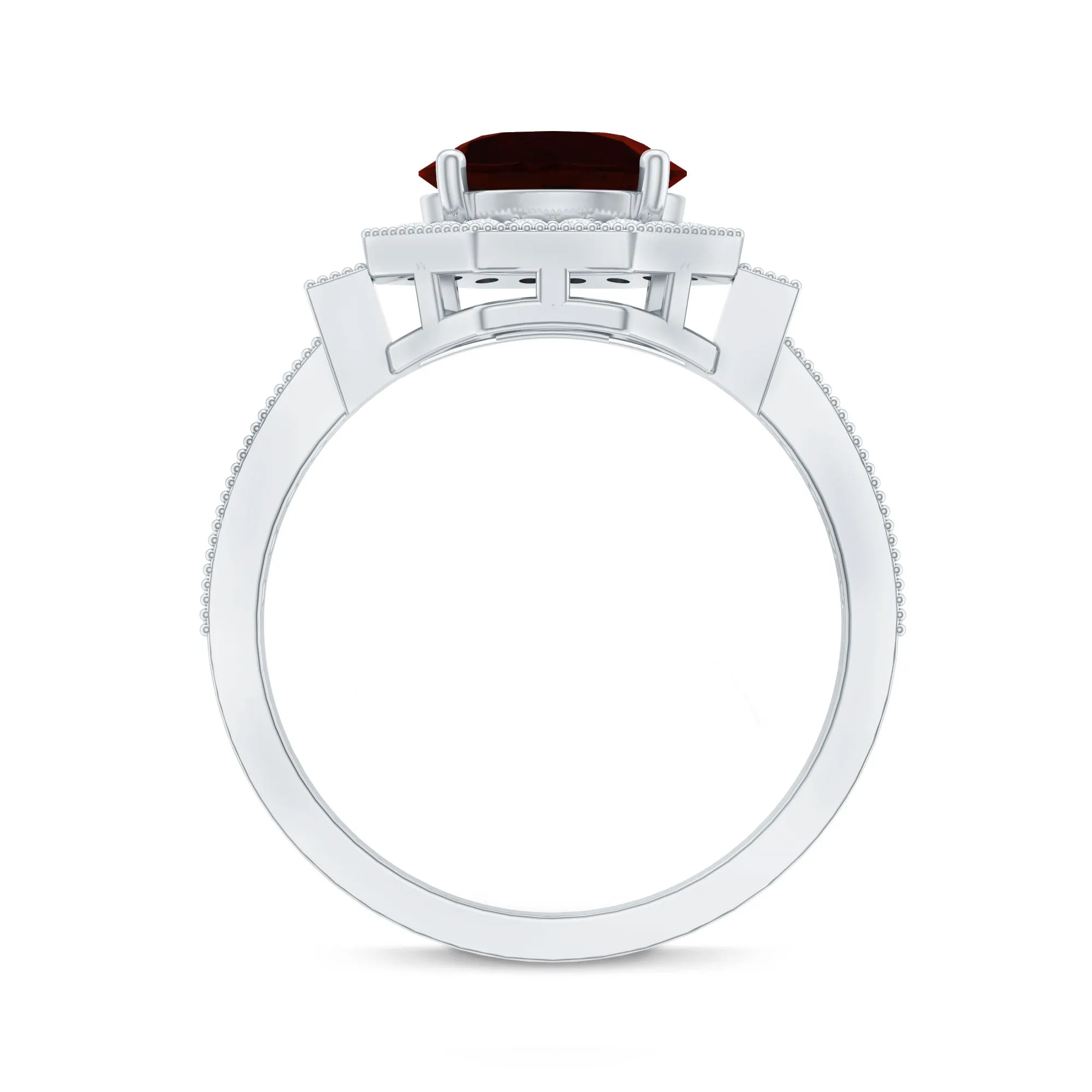 3.25 CT Garnet Vintage Engagement Ring with Diamond Side Stones and Milgrain Detailing