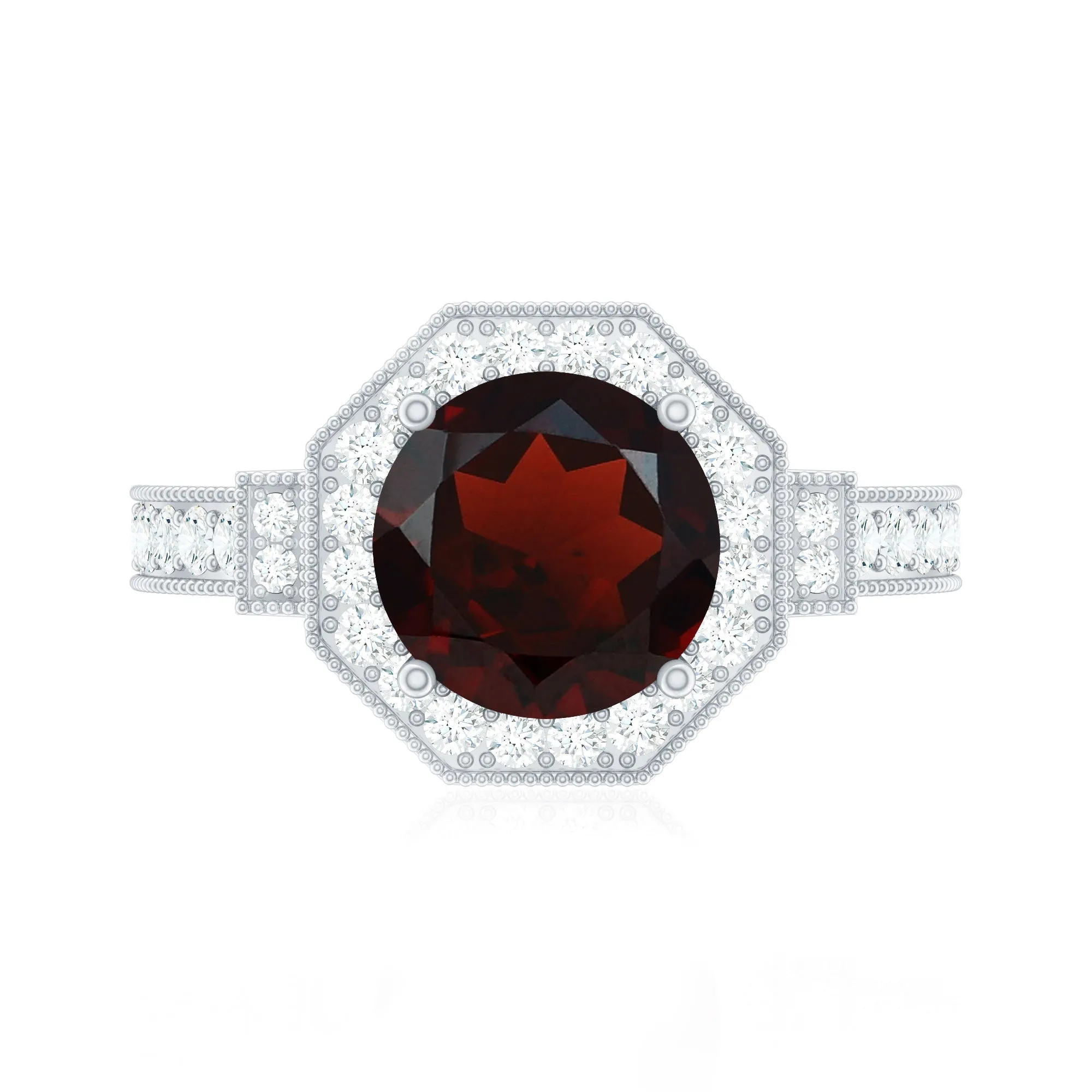 3.25 CT Garnet Vintage Engagement Ring with Diamond Side Stones and Milgrain Detailing