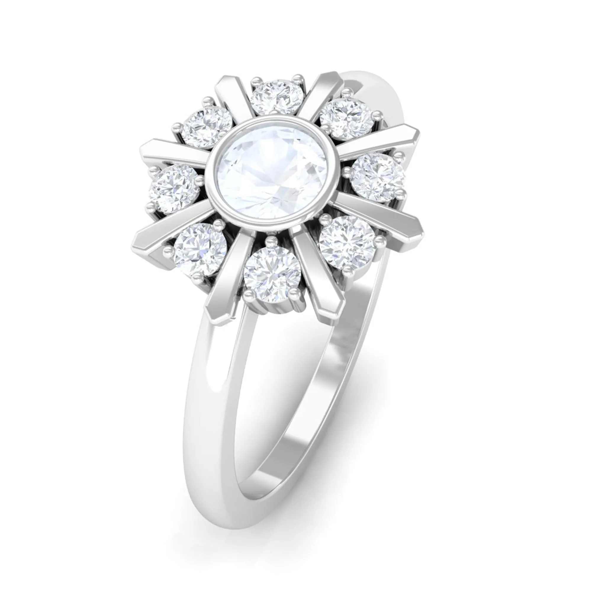 3/4 Carat Bezel Set Moonstone and Diamond Statement Ring