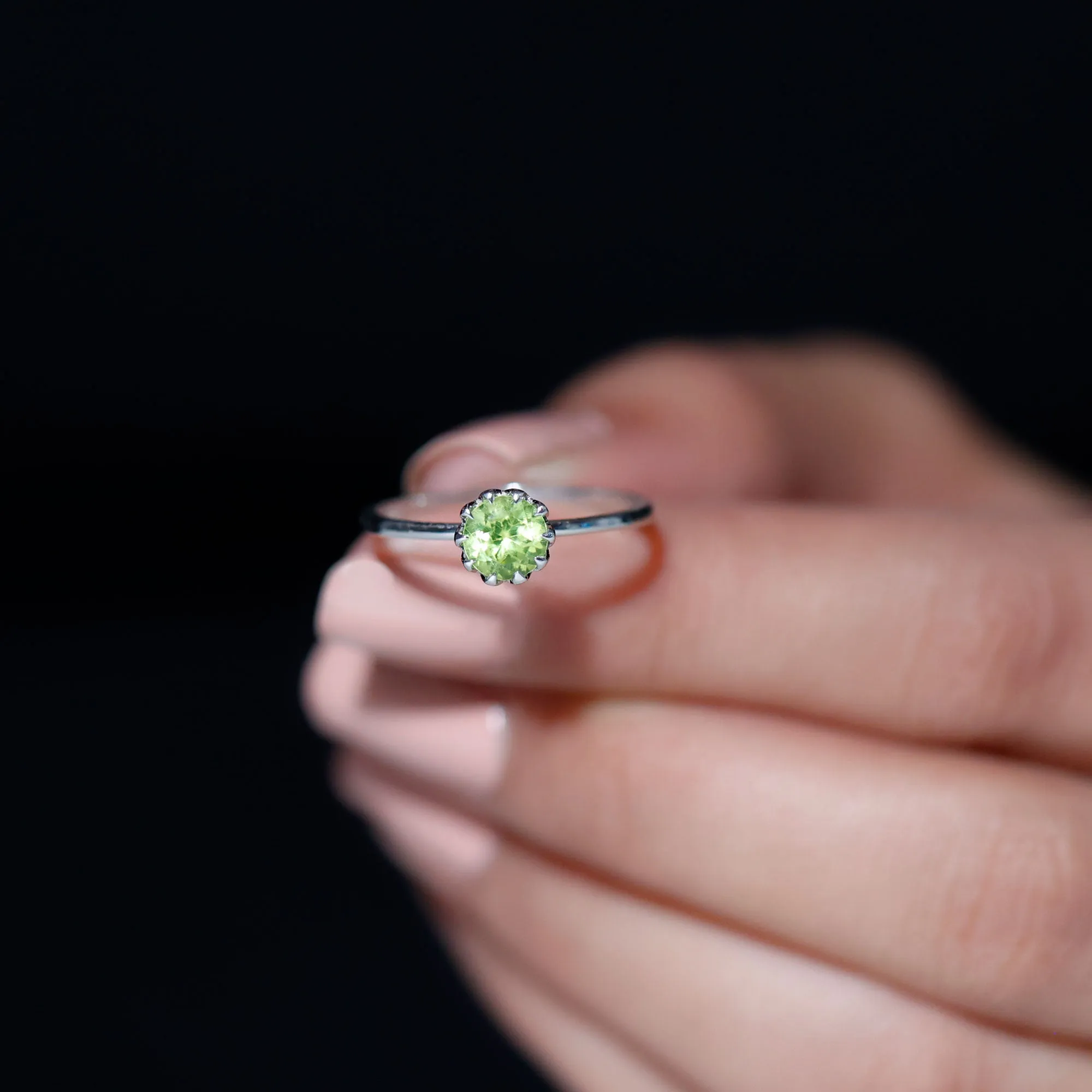 3/4 CT Natural Peridot Solitaire Ring in Lotus Basket Setting
