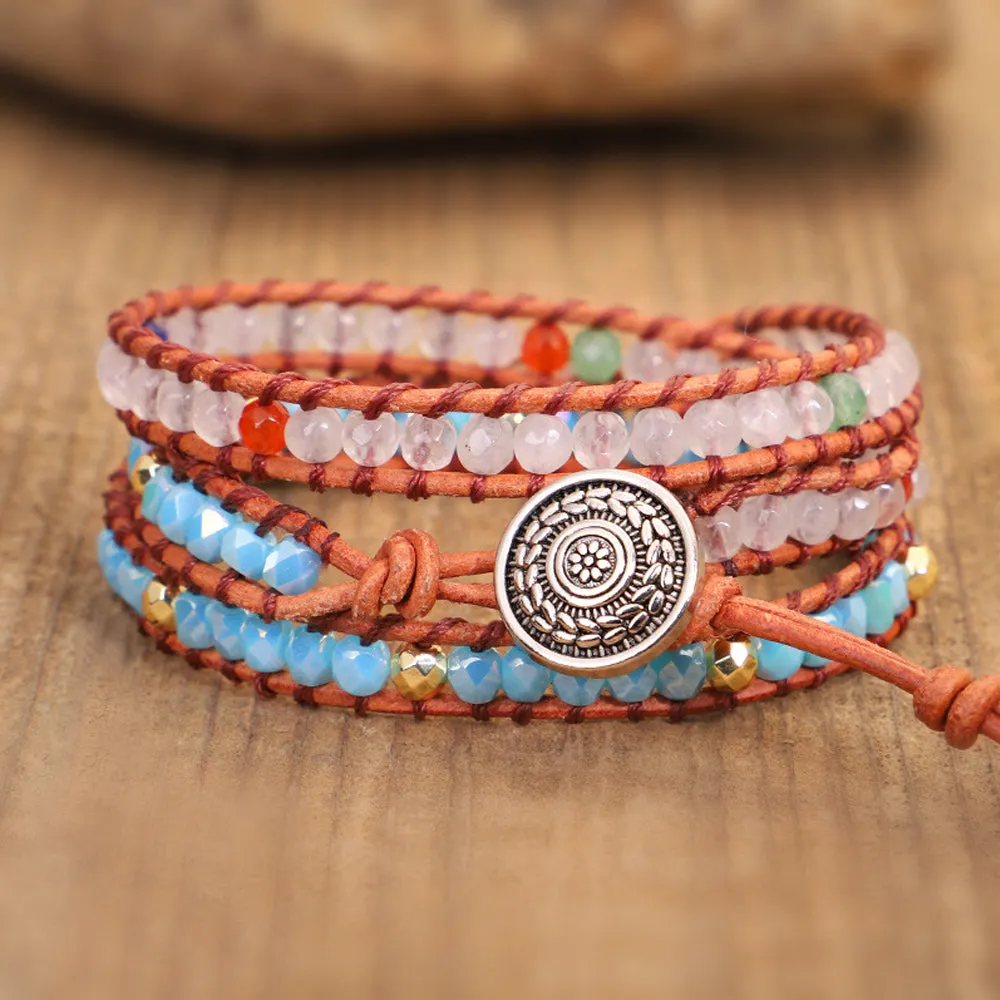 4FunGift® Beaded Handmade Braided Bracelets for Women Boho Bohemian Handmade Crystal 3 Strands Wrap Bracelet Jewelry