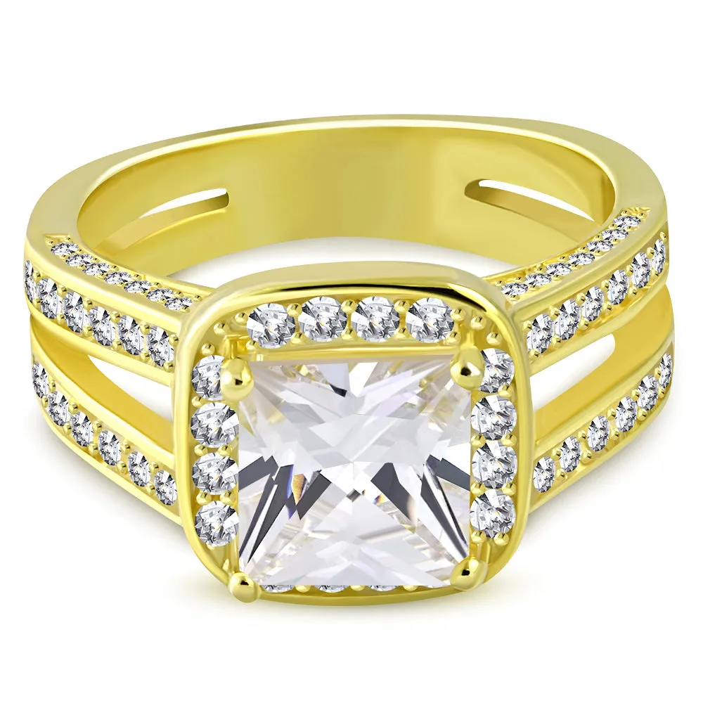 925 Sterling Silver Yellow Gold-Tone Cushion White Clear CZ Engagement Ring Band