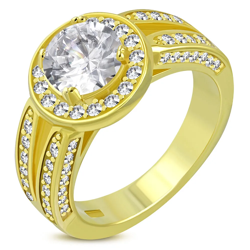 925 Sterling Silver Yellow Gold-Tone White Clear CZ Engagement Ring Band