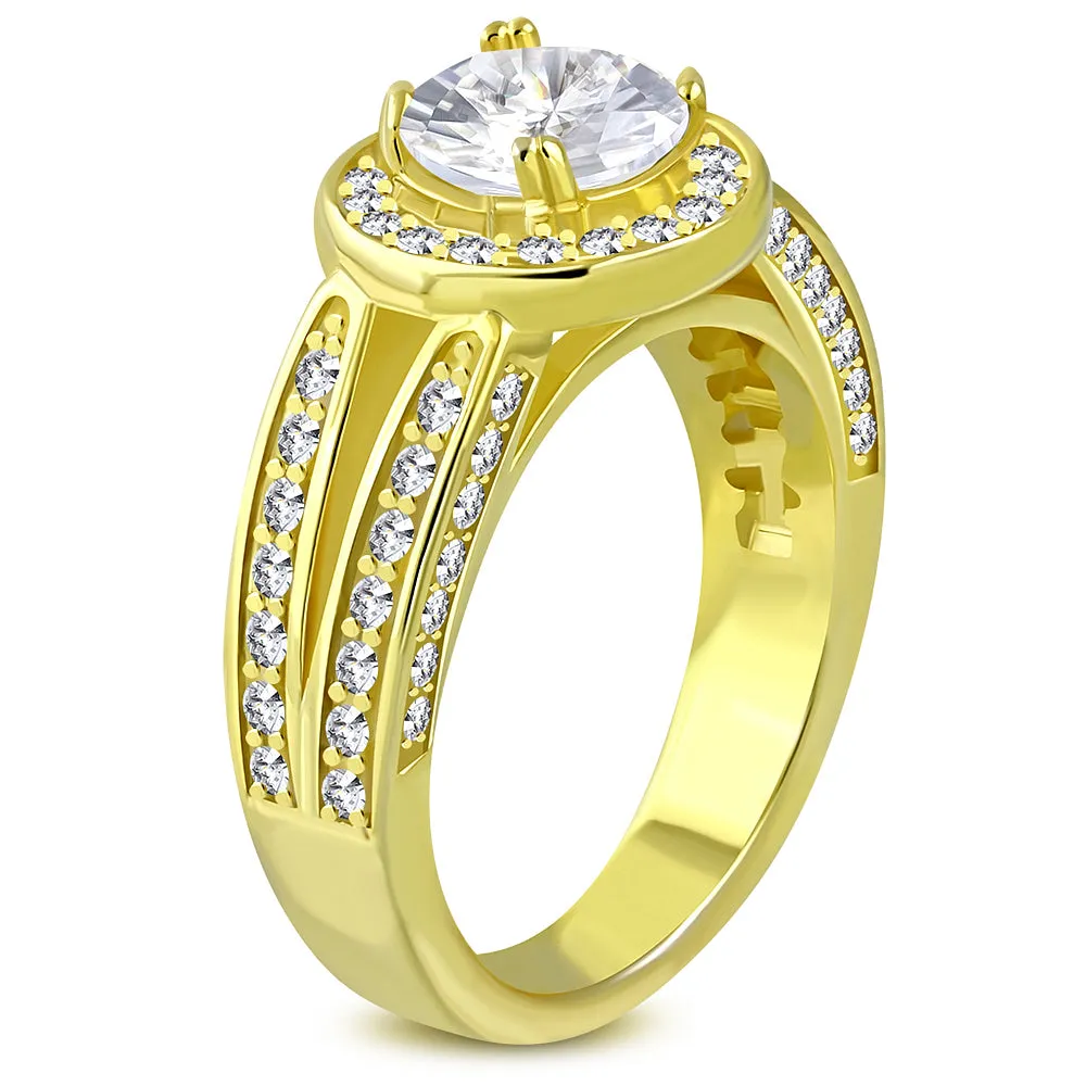 925 Sterling Silver Yellow Gold-Tone White Clear CZ Engagement Ring Band