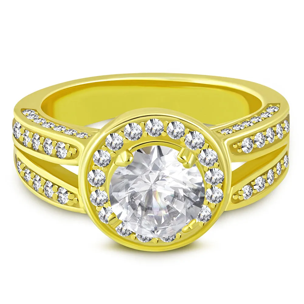 925 Sterling Silver Yellow Gold-Tone White Clear CZ Engagement Ring Band