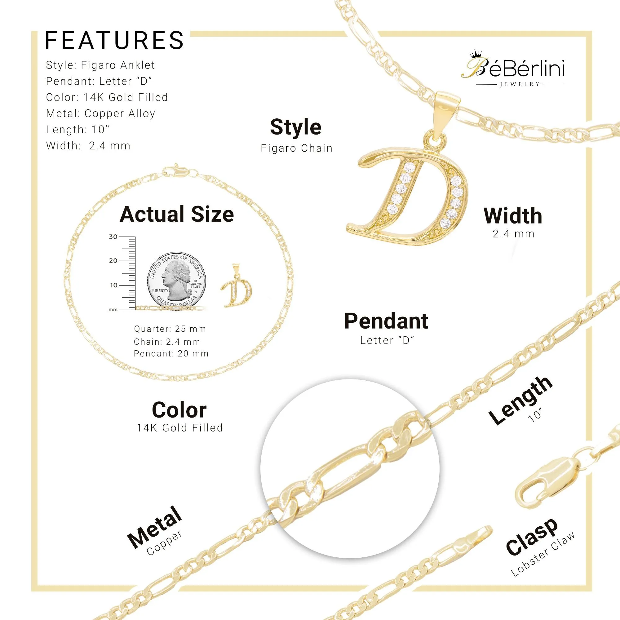 A-Z Letter CZ Pendant 14K Gold Filled Figaro Anklet Set 10" Women Jewelry